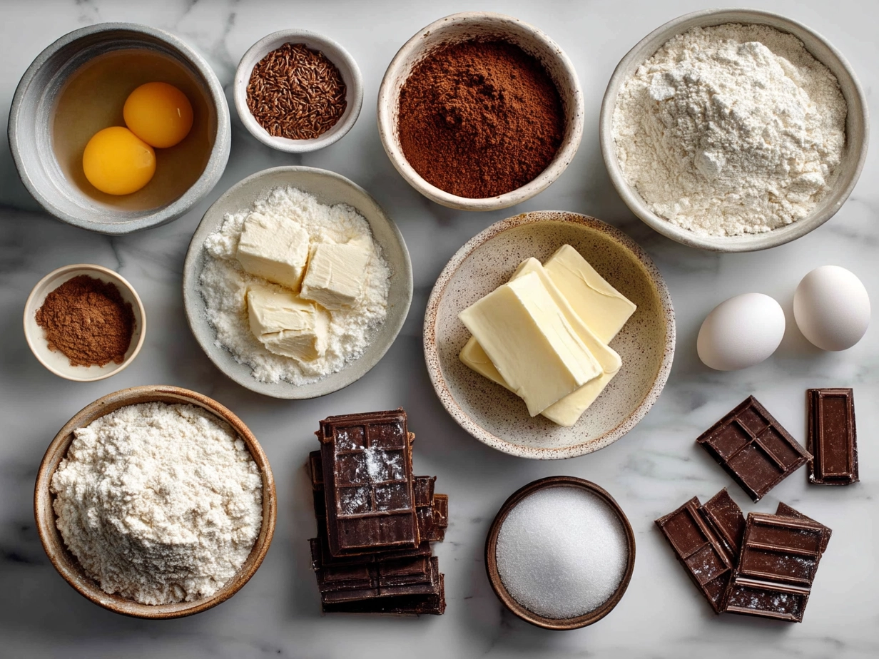 Top-down view of raw ingredients for Date Brownies on marble surface
