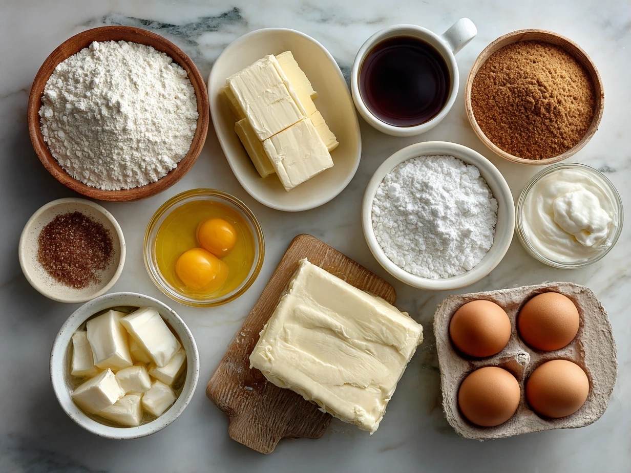 Top down view of raw ingredients for French Toast Casserole including bread cubes, eggs, milk, maple syrup, vanilla, cinnamon, Greek yogurt, nuts, and berries