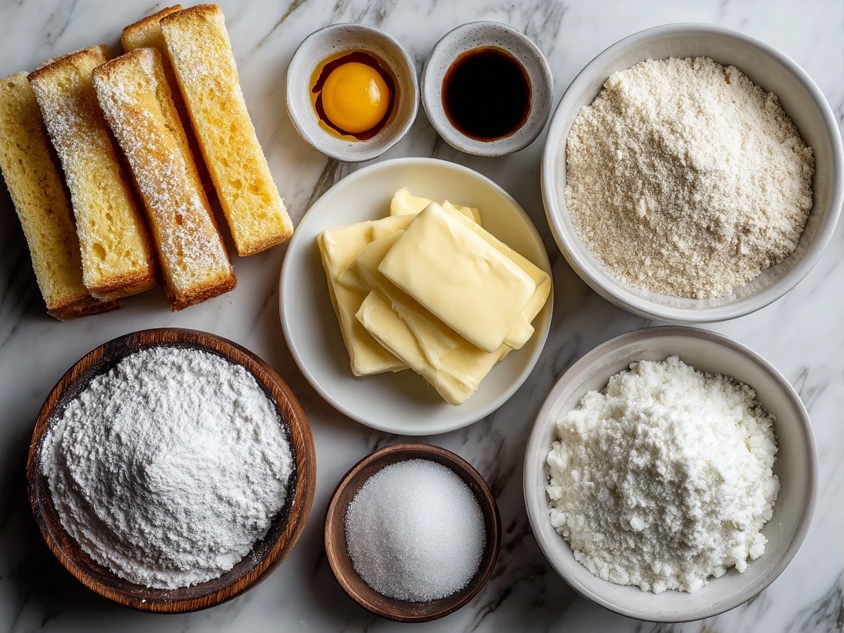 Top down view of raw ingredients for French toast sticks including eggs, milk, cinnamon, and bread