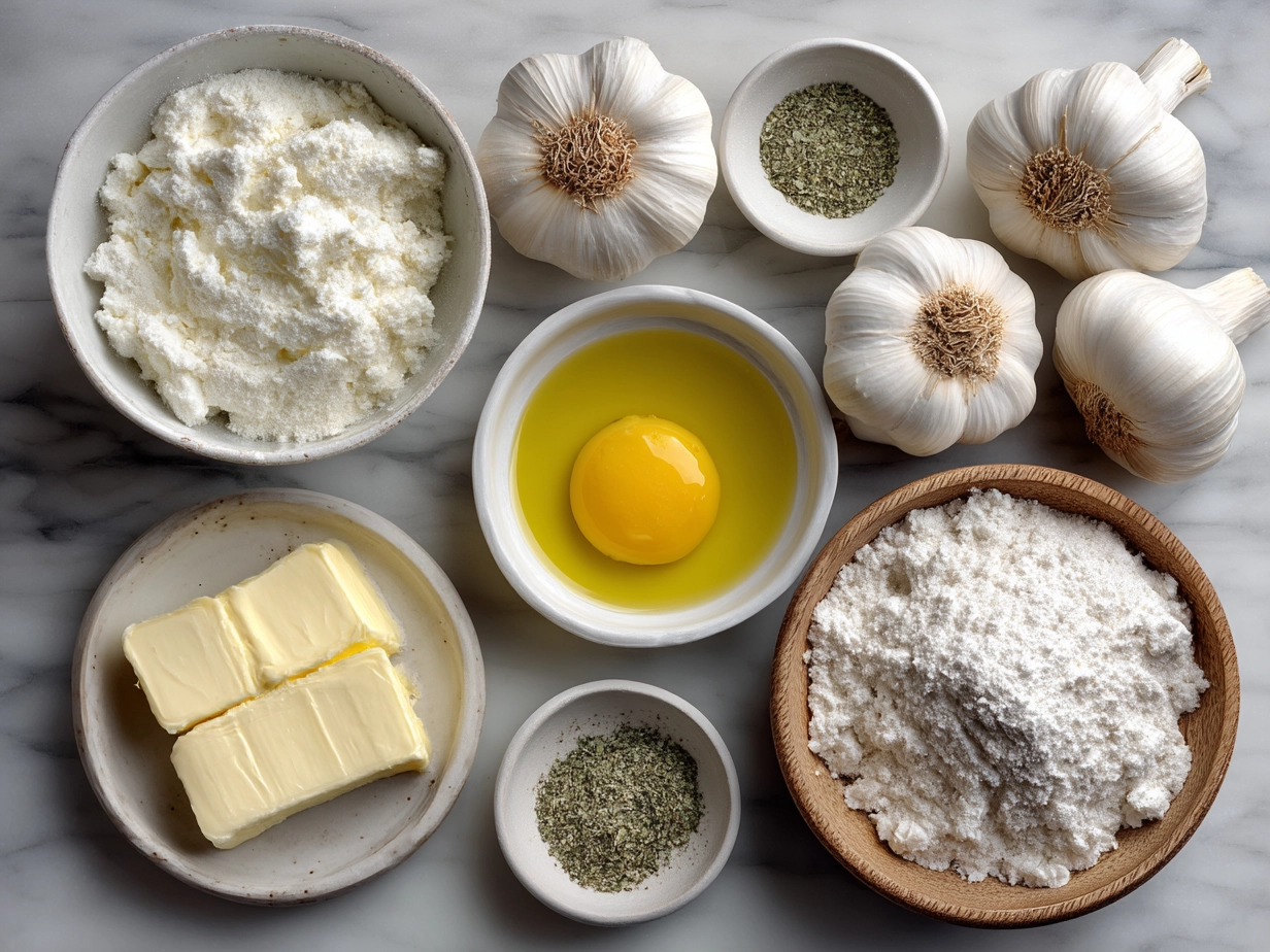 Raw ingredients for garlic bread on marble surface including baguette, butter, garlic, parsley, parmesan, and seasoning