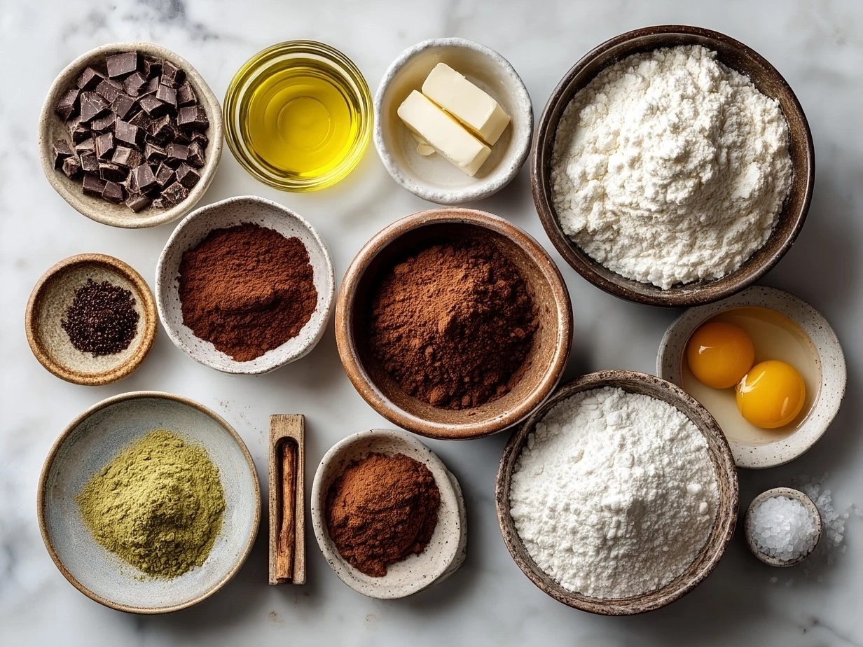 Raw ingredients for gooey chocolate cake on a wooden table