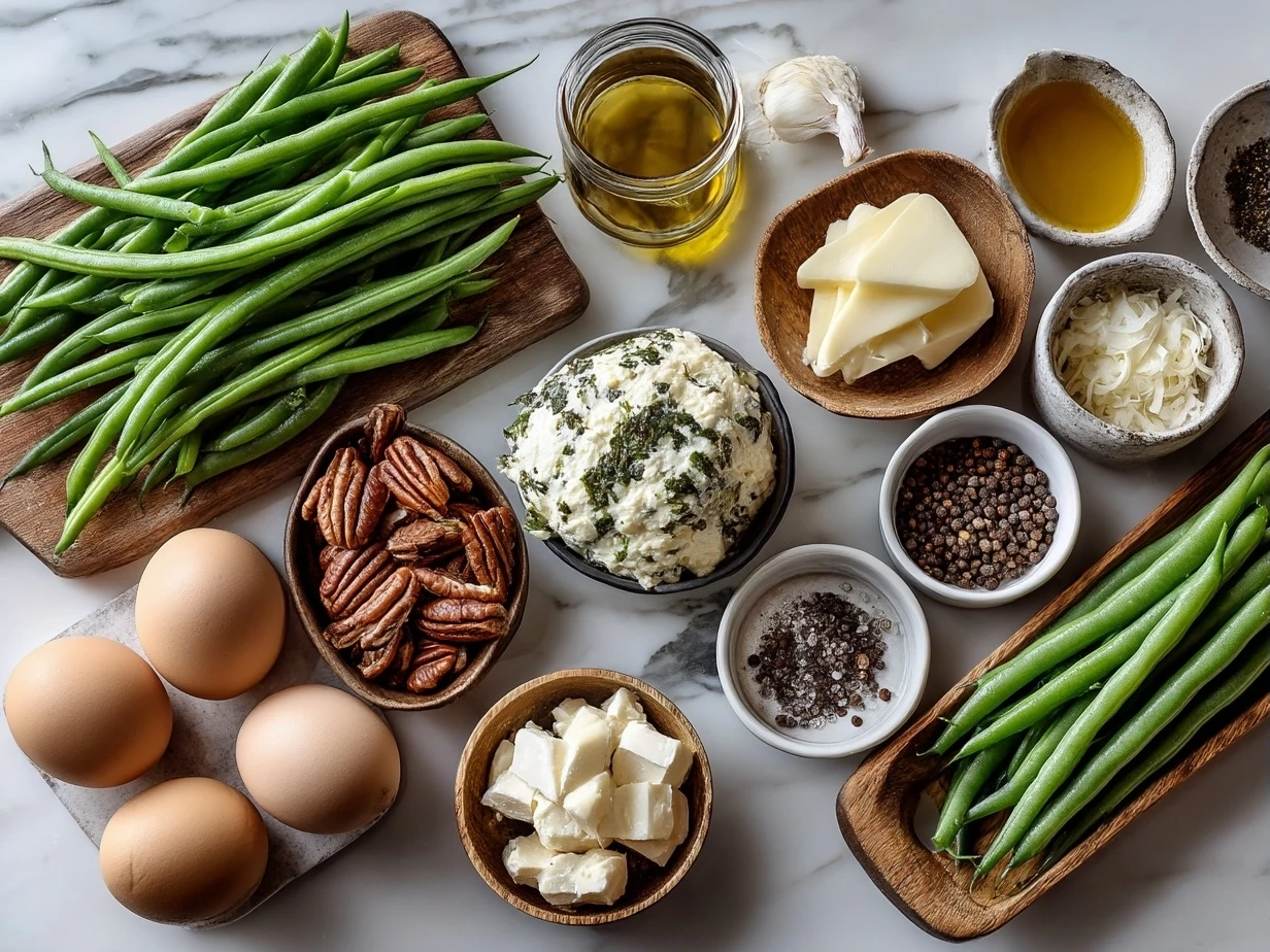 Top down raw ingredients for green bean casserole on marble. Modern kitchen organized mise en place