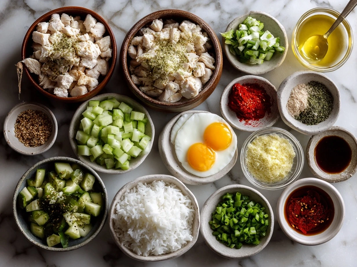 Top down view of raw ingredients for Honey Sriracha Chicken Rice Bowls including chicken, rice, vegetables, and sauces