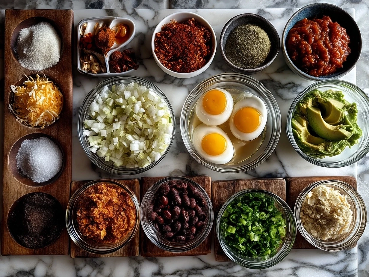 Raw ingredients for making Huevos Rancheros laid out on a surface