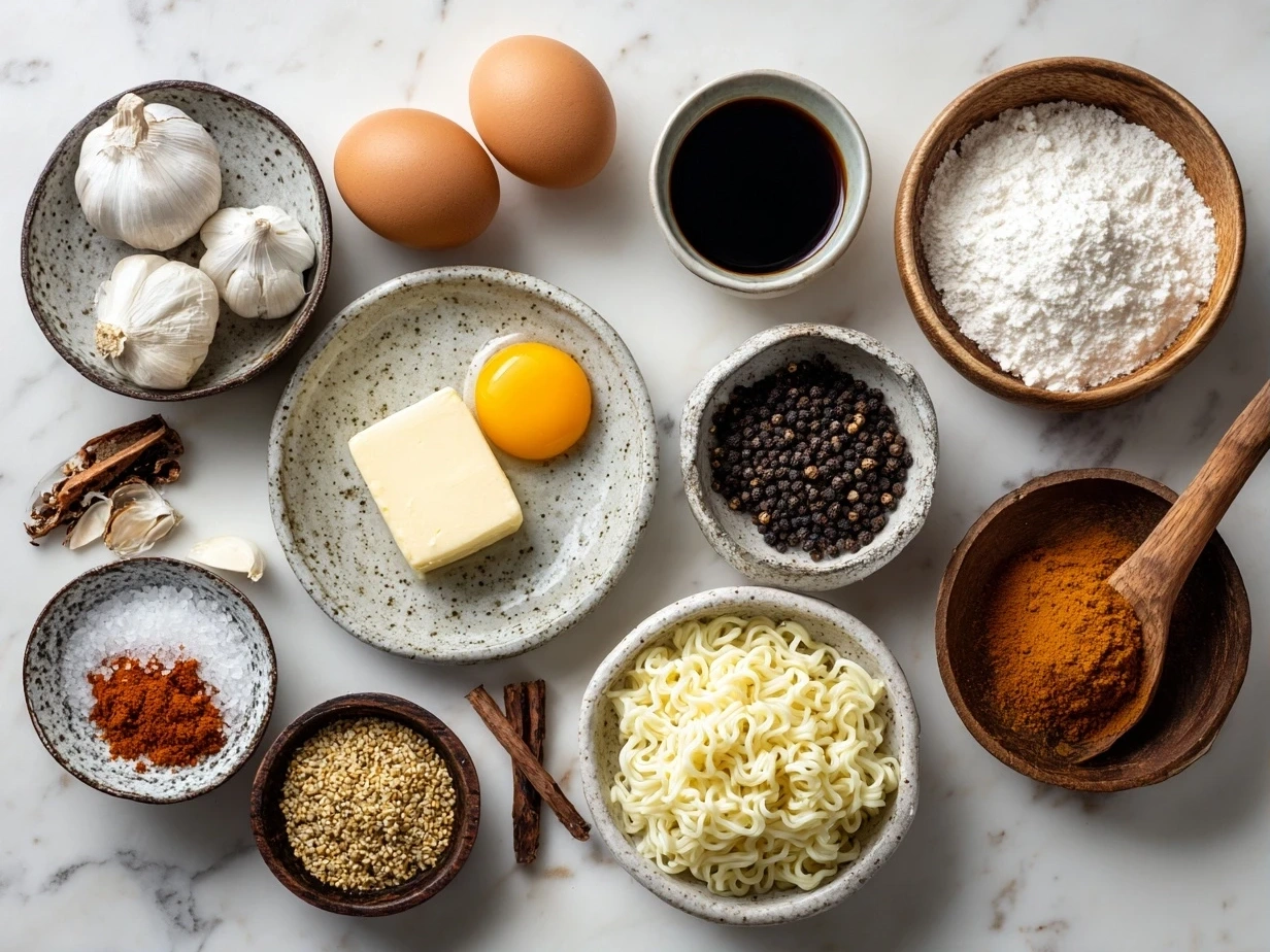 Raw ingredients for Instant Noodles with Egg Butter Garlic laid out on a wooden table