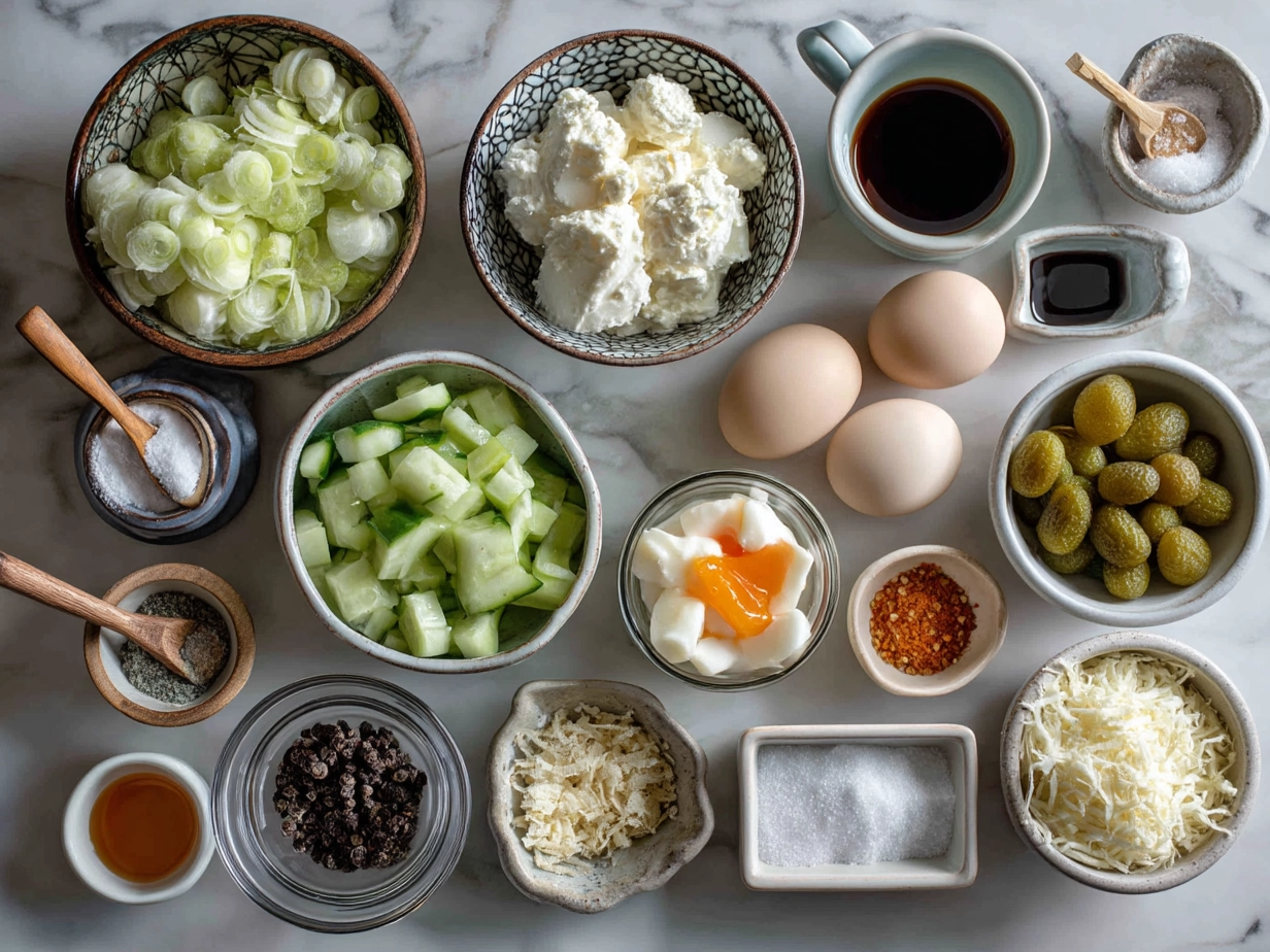 Raw ingredients for Japanese Potato Salad laid out on marble surface including potatoes, cucumber, carrot, onion, and mayonnaise