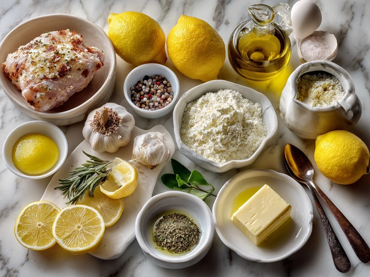 Top-down view of raw ingredients for Lemon Chicken Romano on a marble countertop
