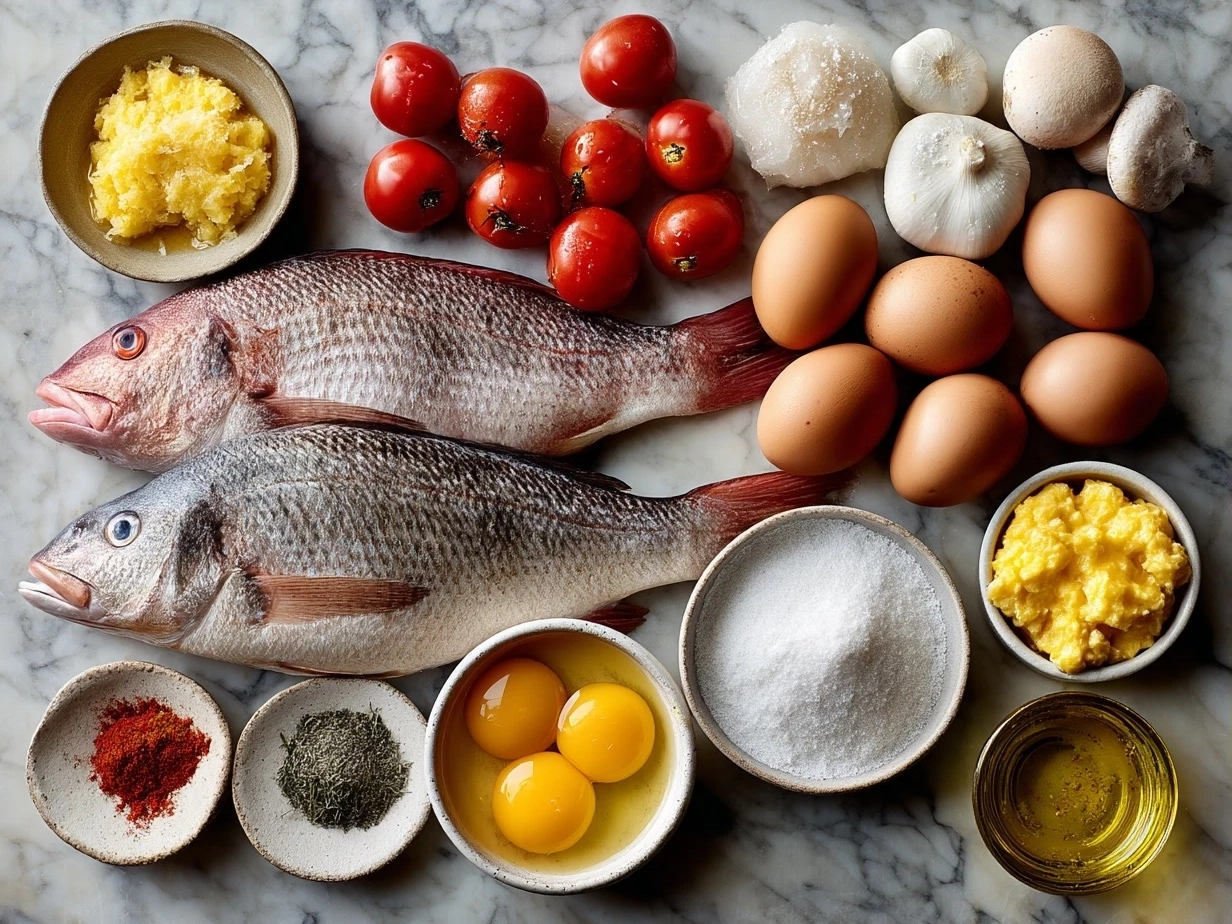 Top-down view of raw ingredients for Moqueca Fish Stew laid out on a marble surface