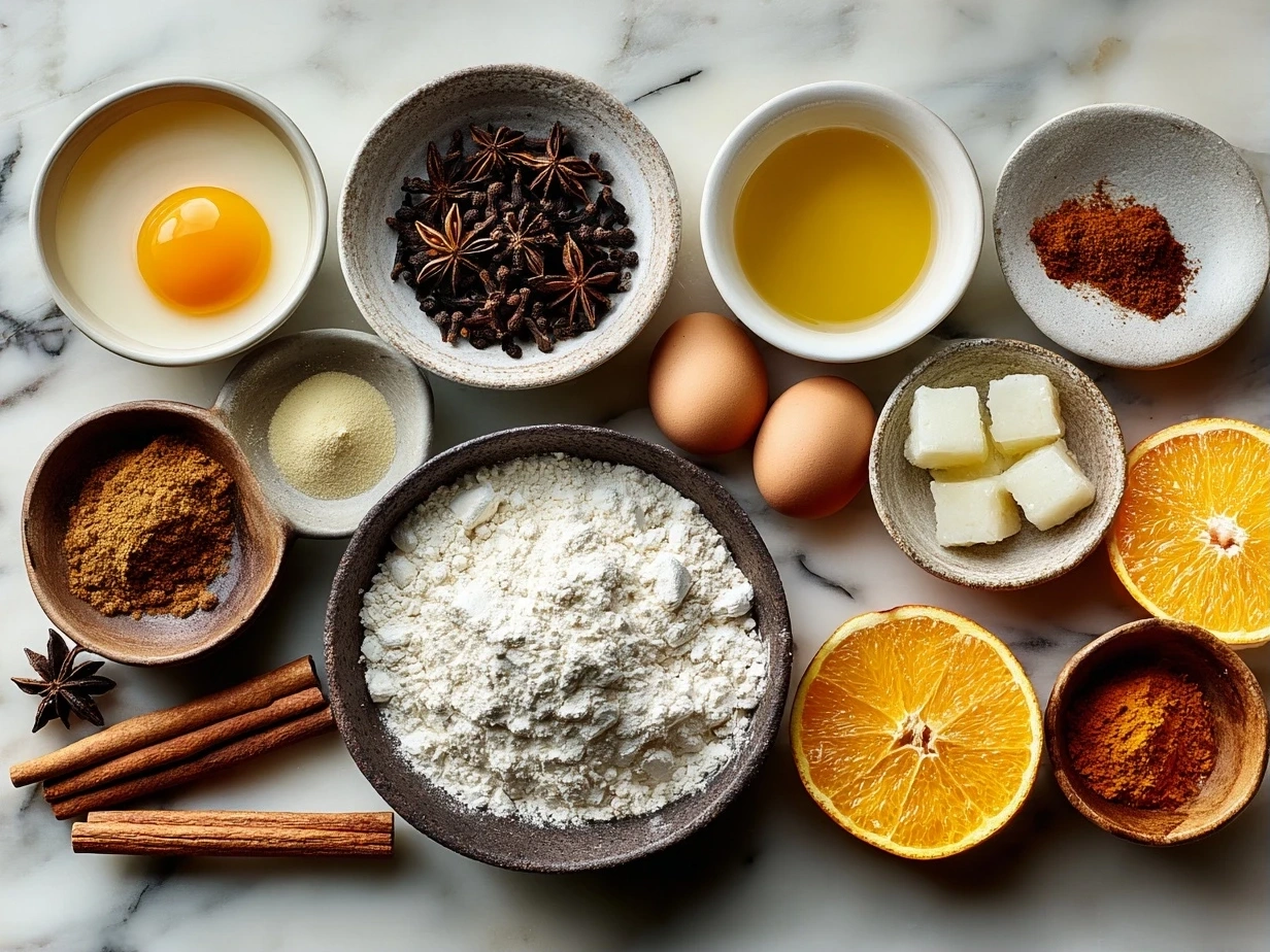 Top down view of raw ingredients for Orange Clove Cookies on marble countertop