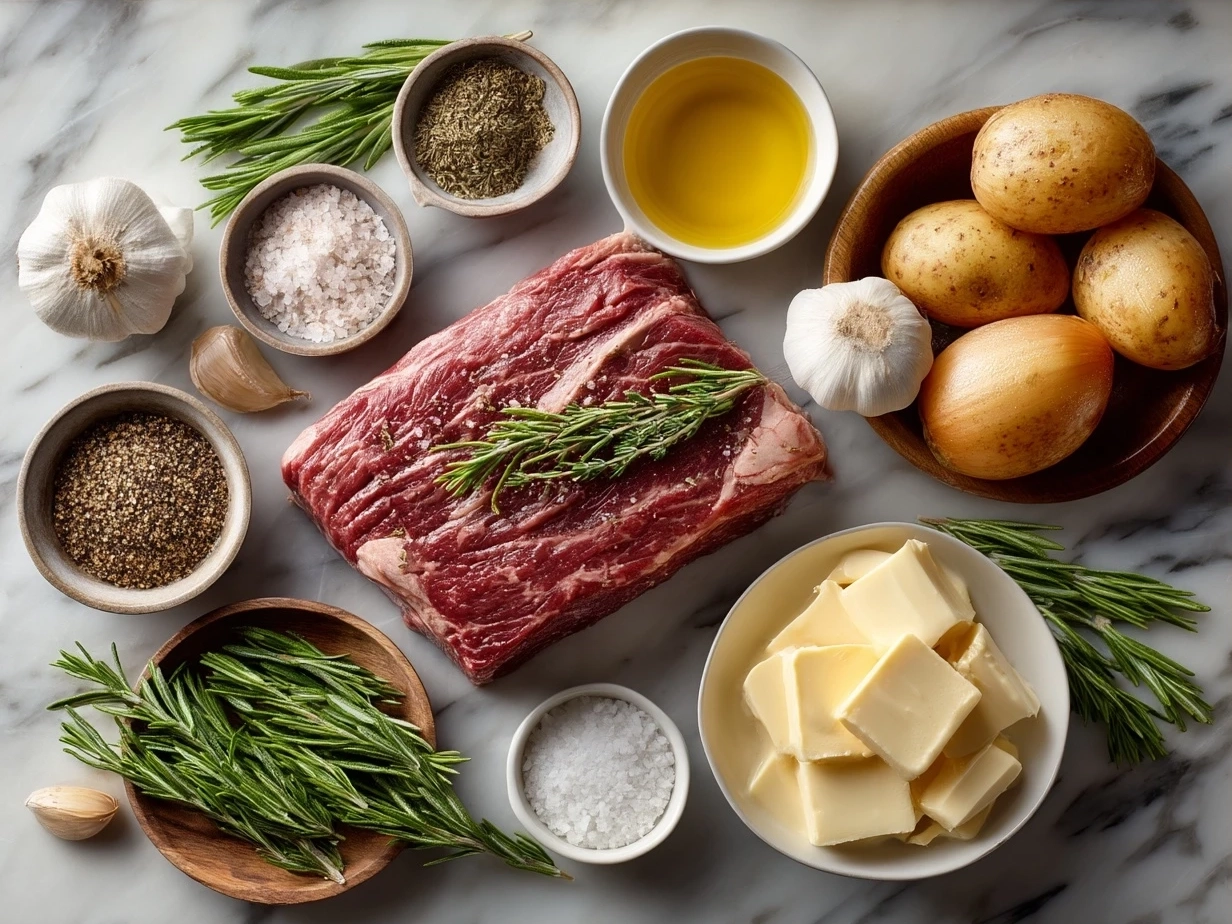 Raw ingredients for oven roasted beef on marble surface