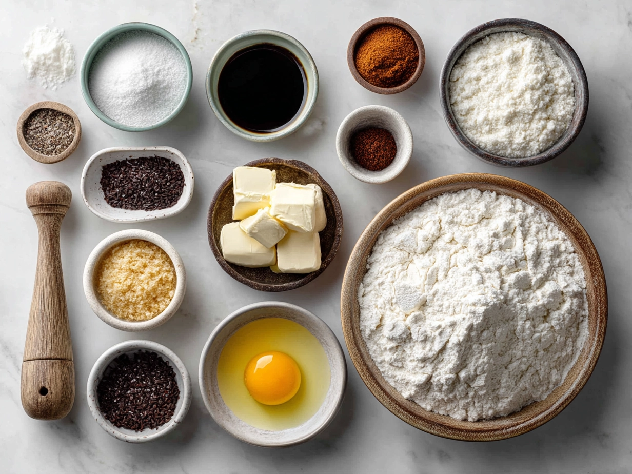Raw ingredients for Polish Sernik on marble counter.