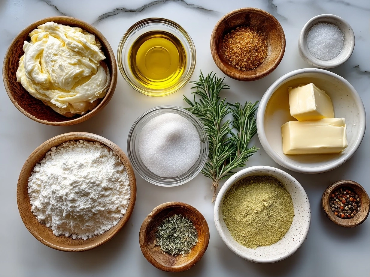 Top down raw ingredients for ranch dressing on marble