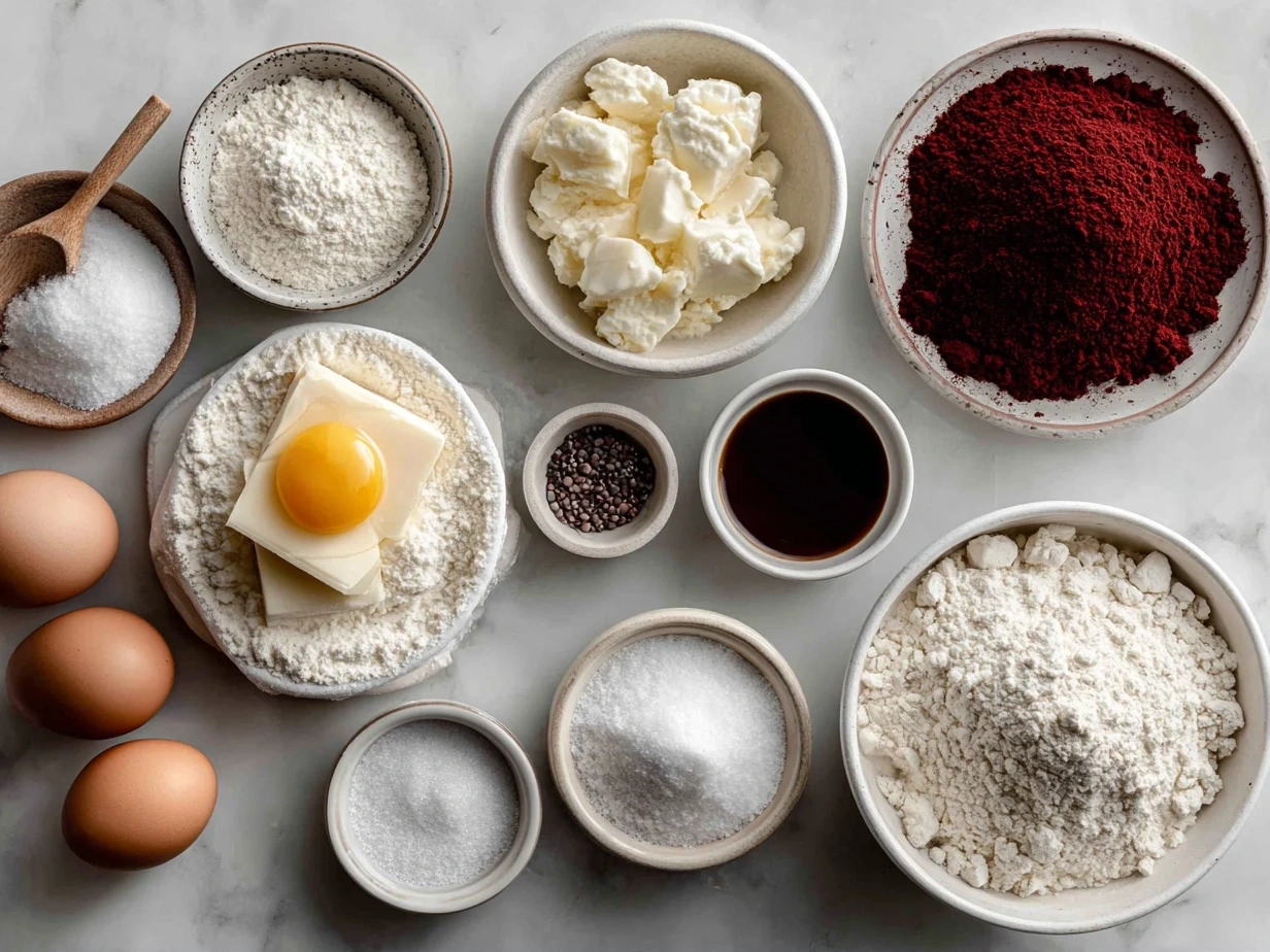Top-down view of raw ingredients for Red Velvet Sugar Cookies laid out on a table