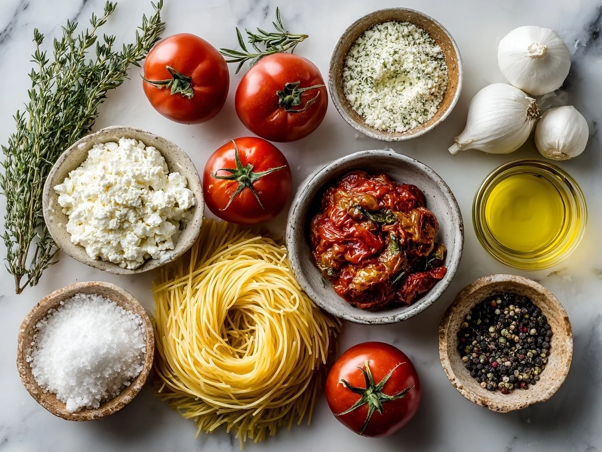 Top down view of raw ingredients for roasted tomato ricotta pasta including cherry tomatoes, ricotta cheese, pasta, olive oil, garlic, oregano, and basil