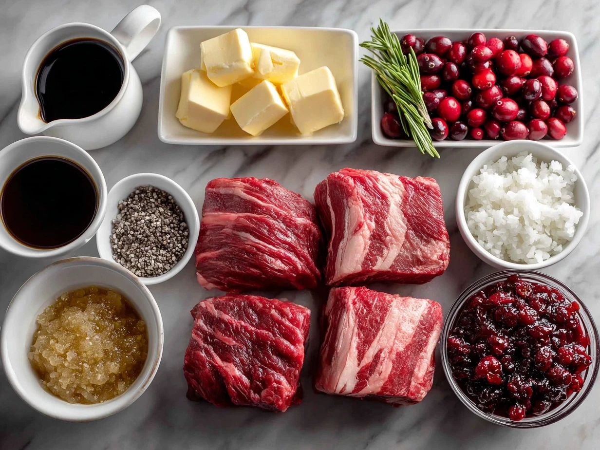 Top down view of raw ingredients for Short Rib Sliders with Balsamic Cranberry Sauce