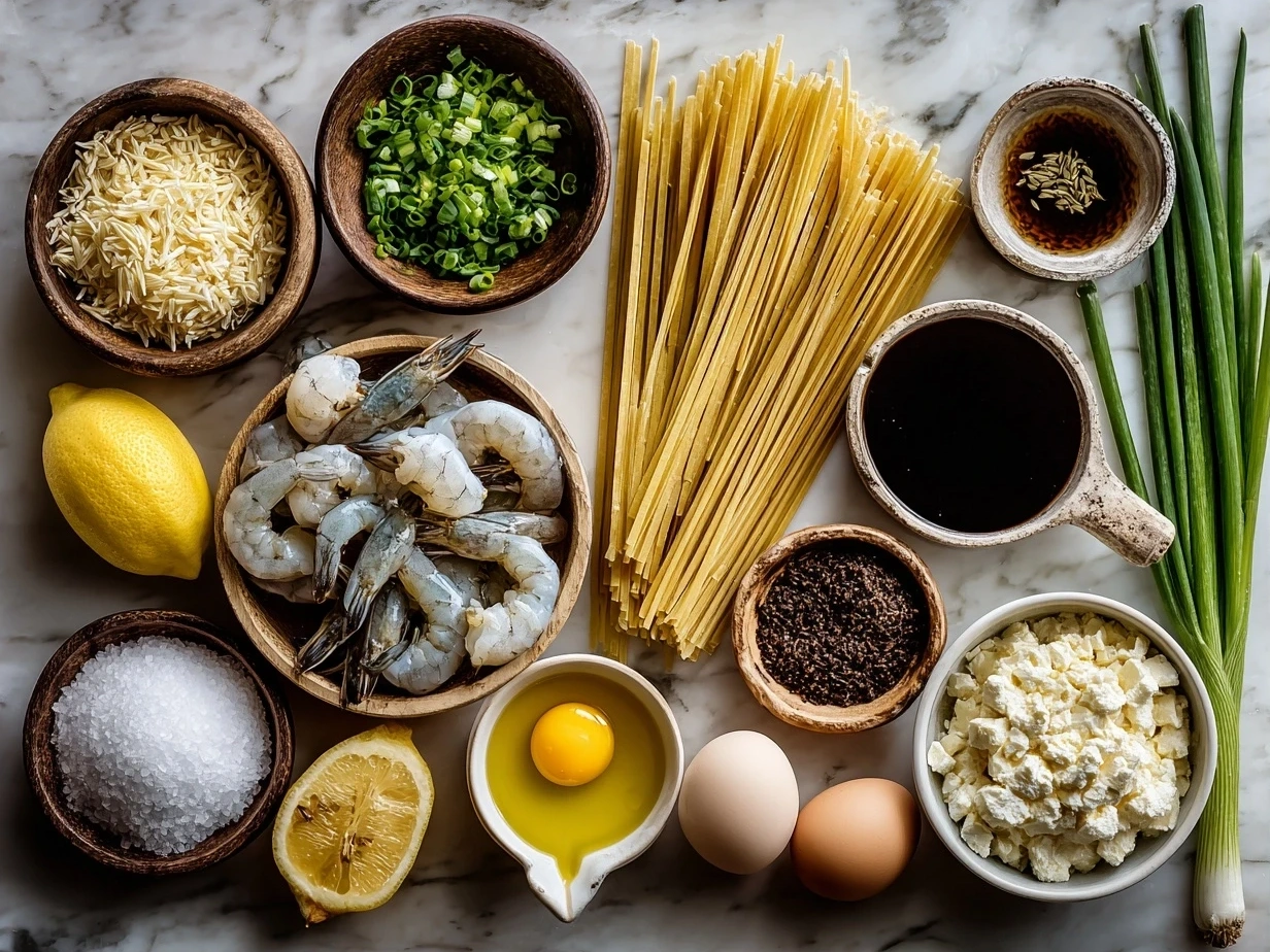 Raw ingredients for shrimp linguine including shrimp, linguine, garlic, spinach, cherry tomatoes, olive oil and Parmesan cheese