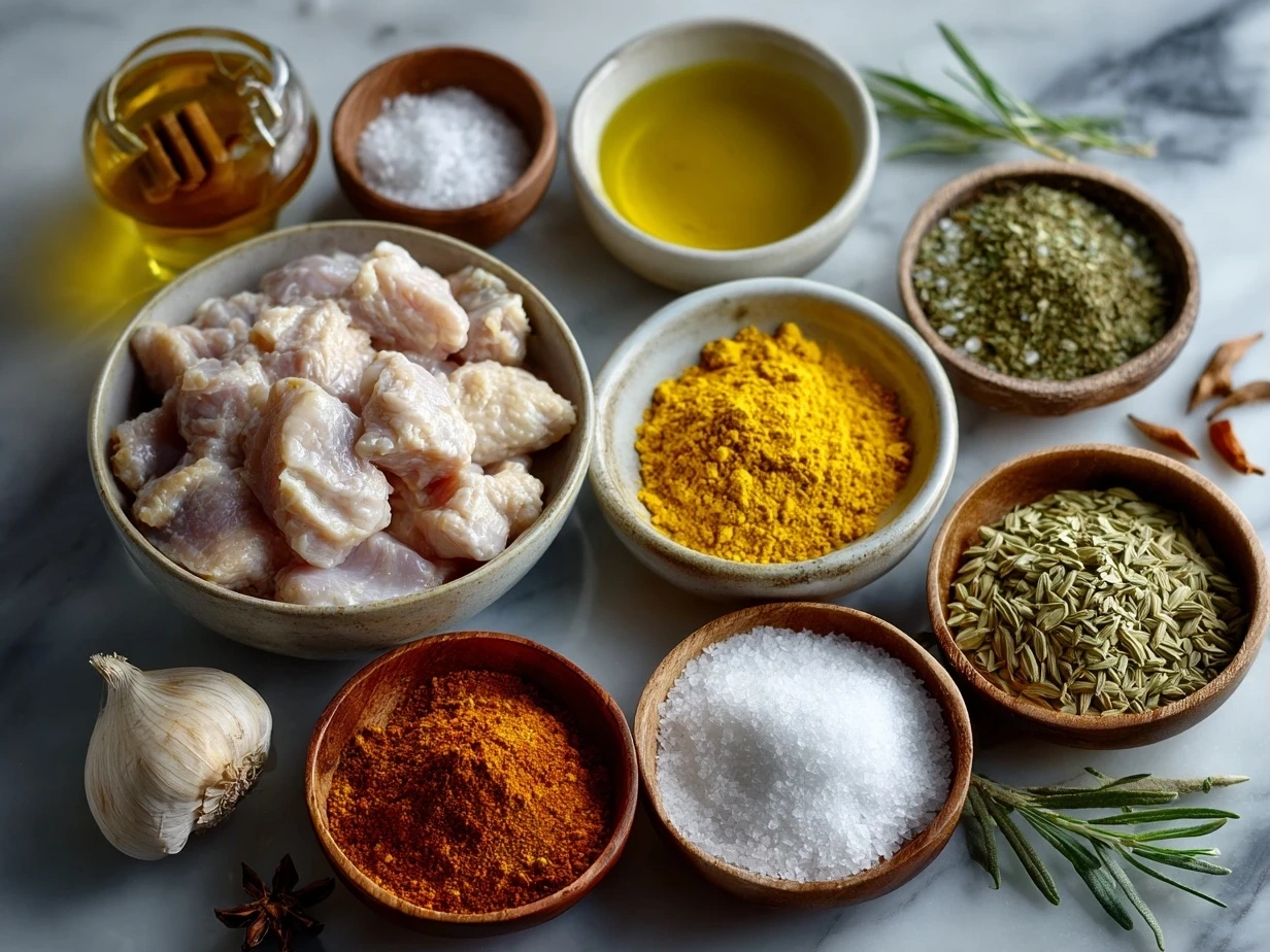 Top down view of raw ingredients for Slow Cooker Chicken Korma including chicken, spices, onion, and yogurt