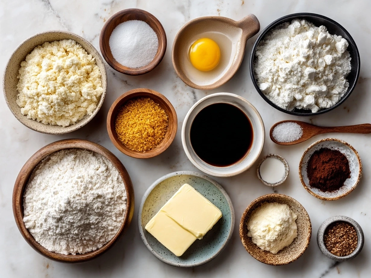 Raw ingredients for Southern Cornbread on marble countertop with kitchen organized mise en place