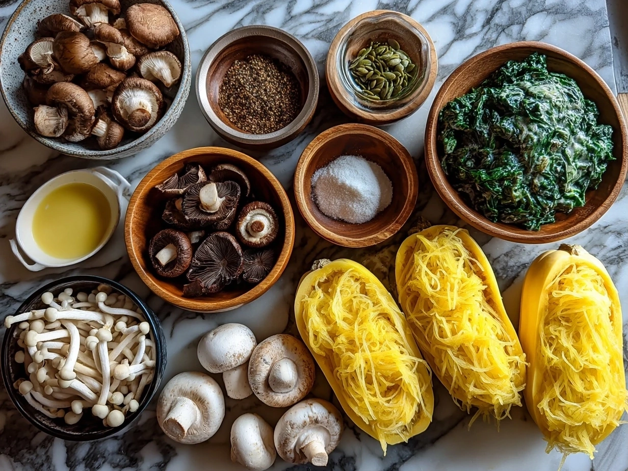 Raw ingredients for Spaghetti Squash with Mushroom and Spinach Cream Sauce laid out on a table