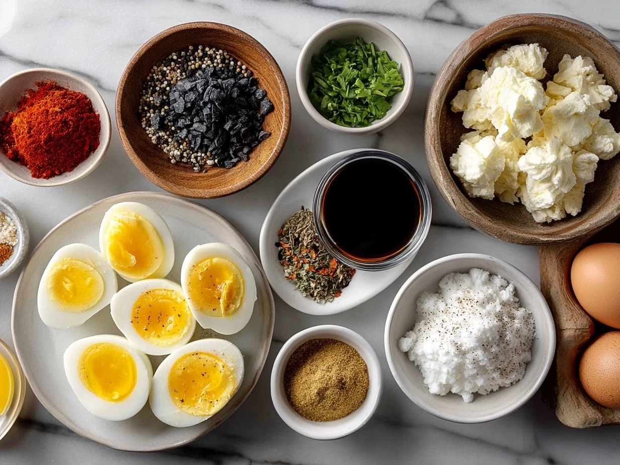 Top down view of raw ingredients for Thanksgiving Deviled Eggs including eggs, Greek yogurt, herbs, and spices