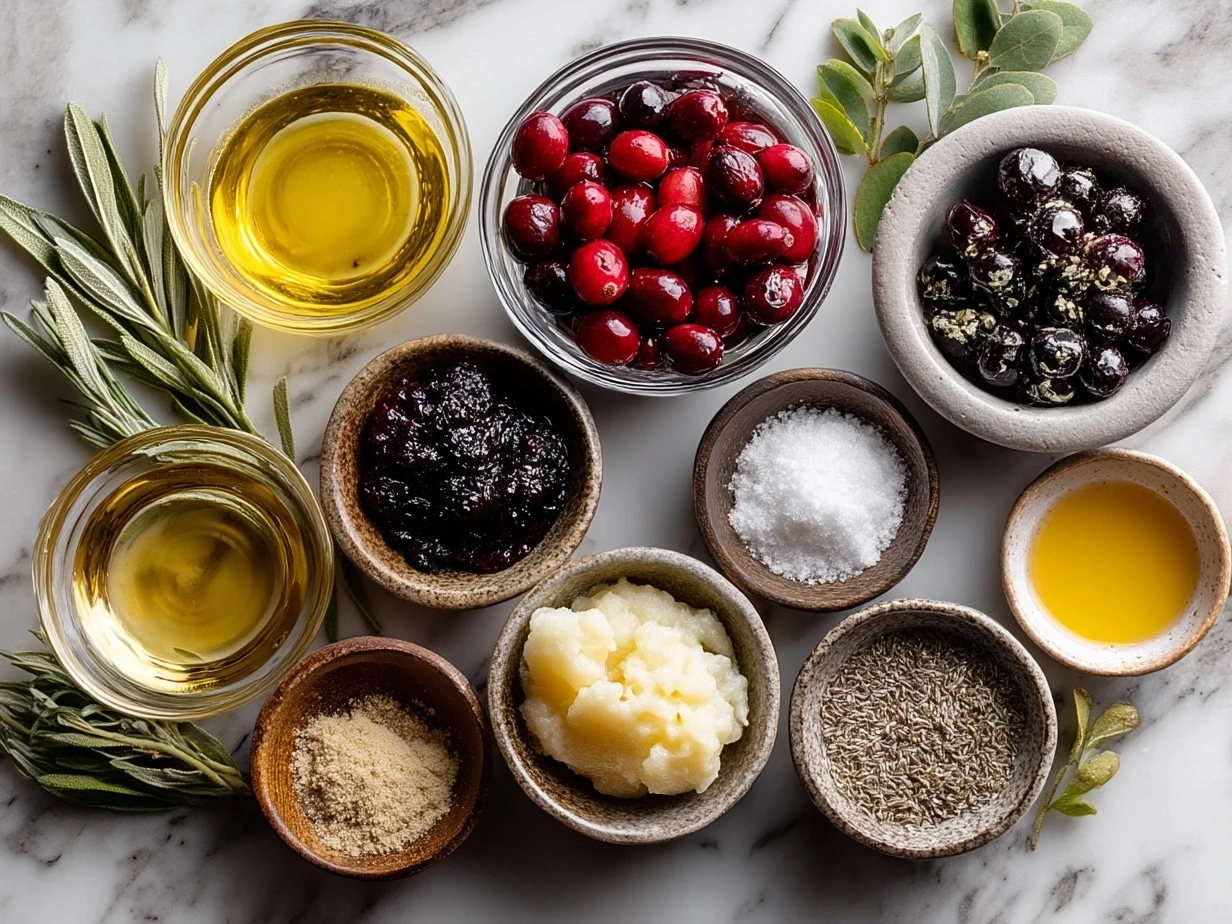 Top-down view of raw ingredients for Thanksgiving Mocktail Recipe on marble counter in modern kitchen
