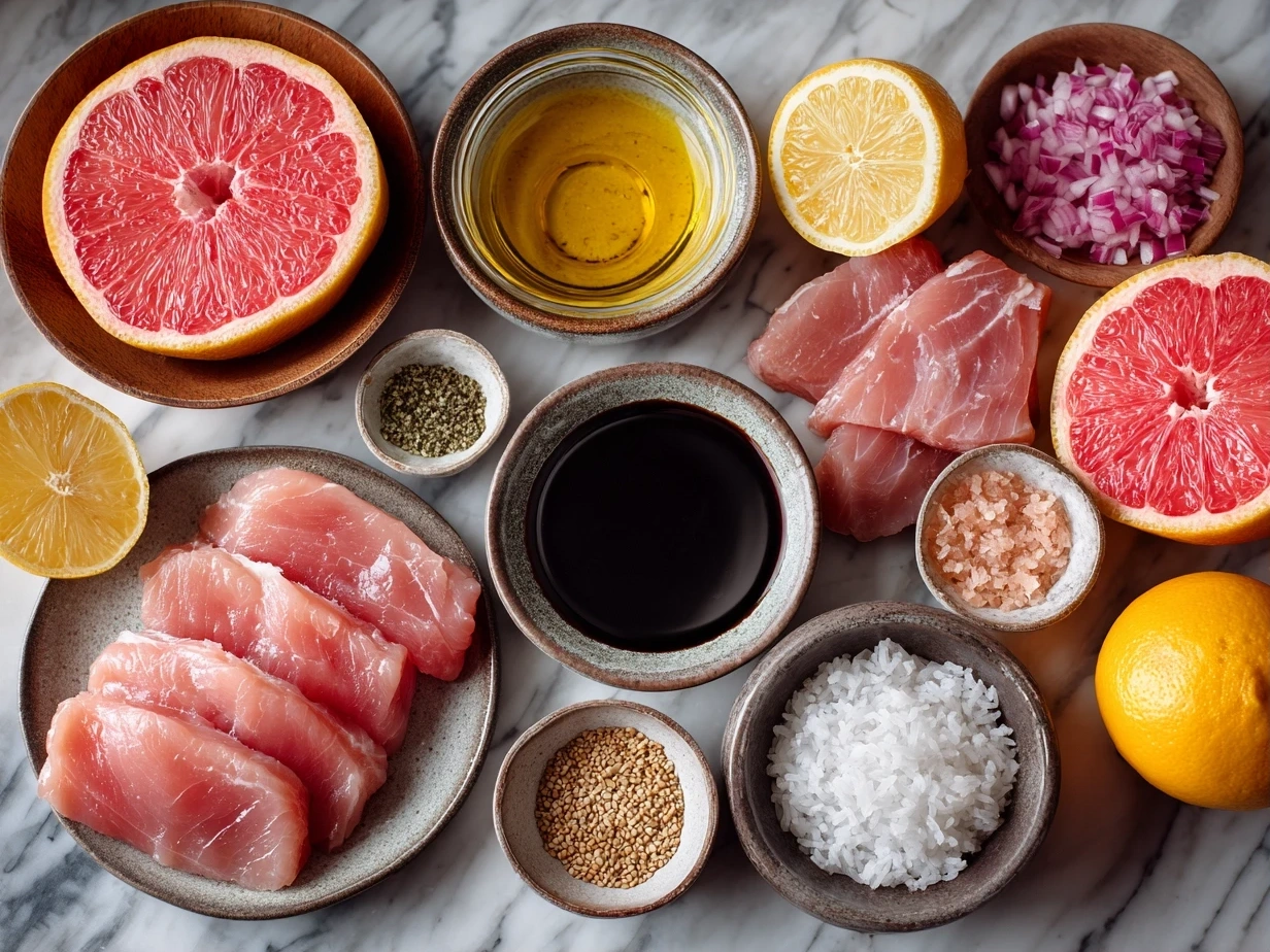 Top down raw ingredients for Turkey Medallions with Orange Teriyaki Sauce