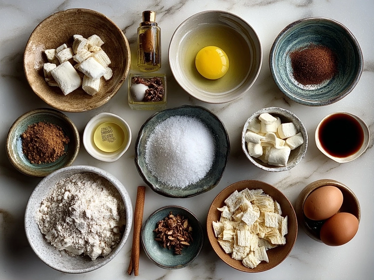 Top-down raw ingredients for Valentines Day Muddy Buddies on marble surface