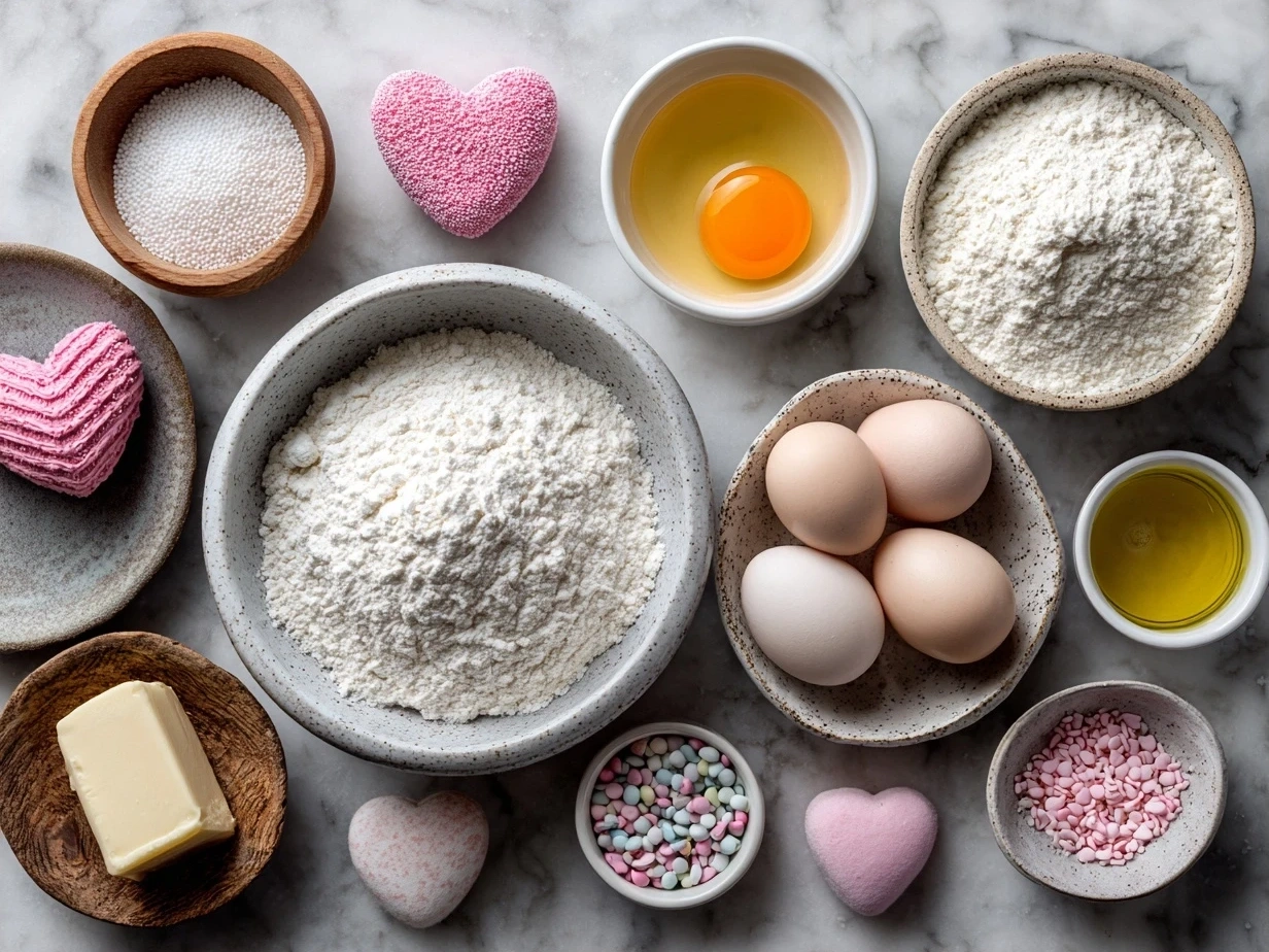 Raw ingredients for Valentines Mini Heart Cakes on countertop