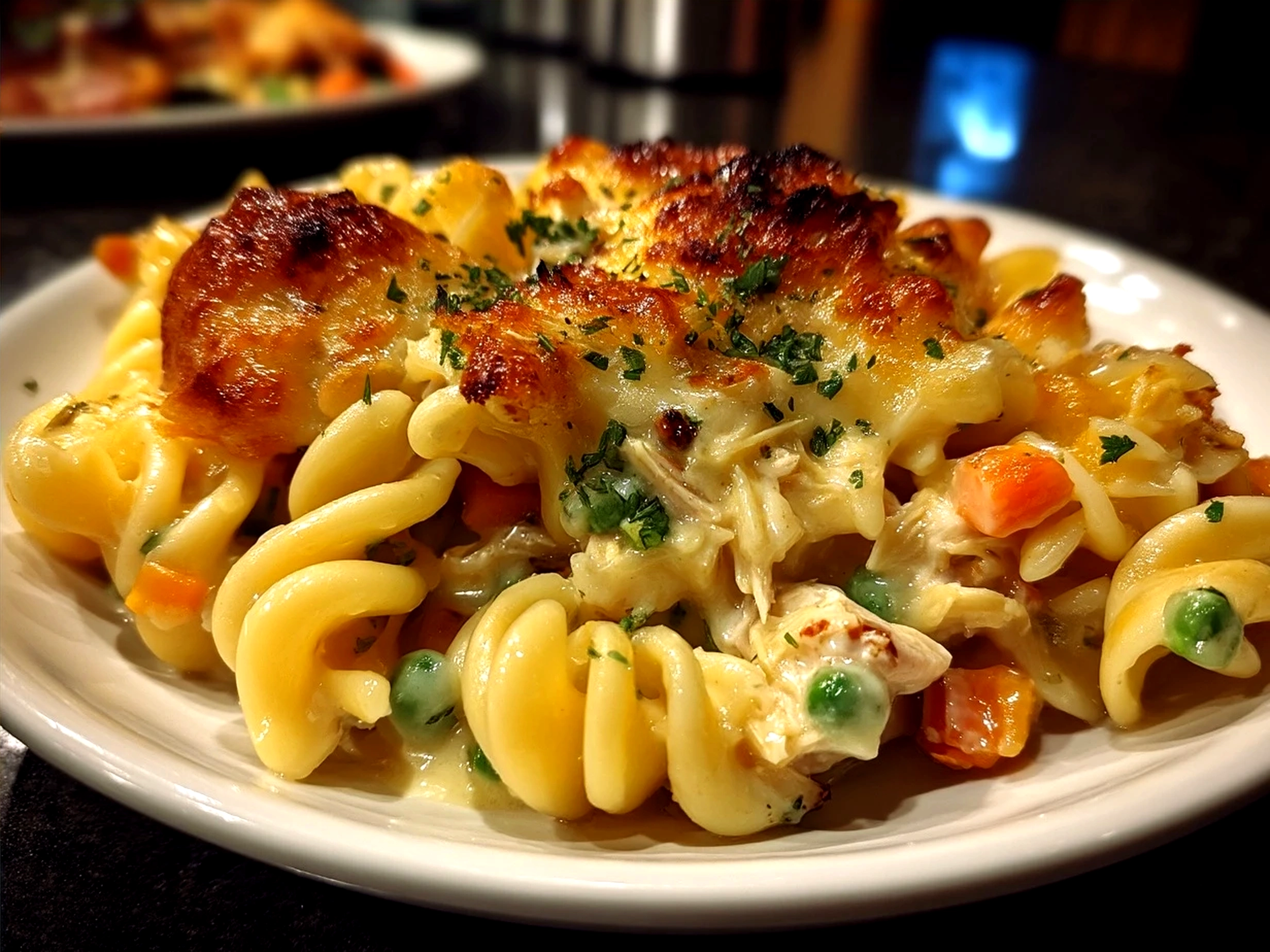 Serving of Tuna Noodle Casserole plated with side salad and green beans