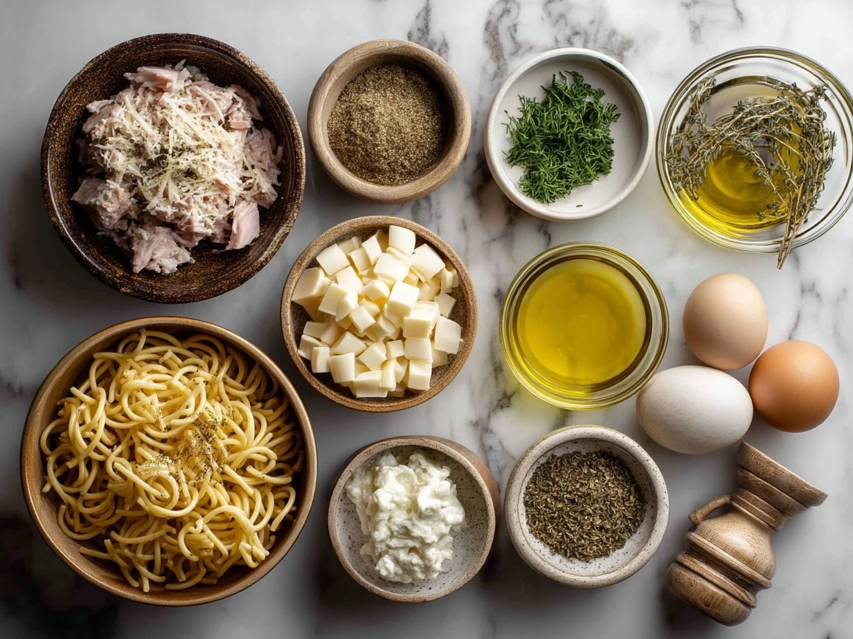 Ingredients for Tuna Noodle Casserole laid out on the kitchen counter