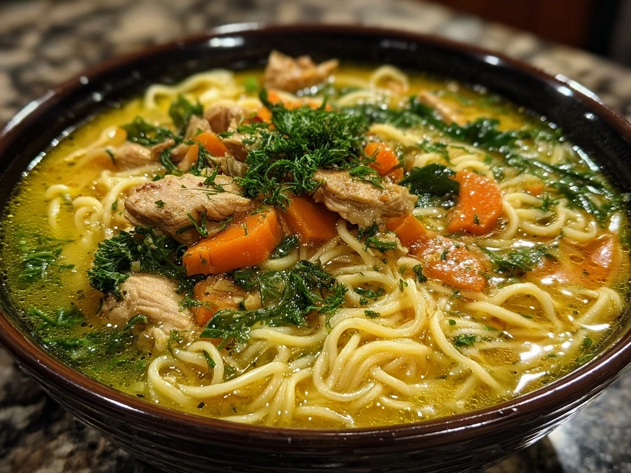 Bowl of Turmeric Ginger Chicken Noodle Soup garnished with fresh parsley and served with crusty bread