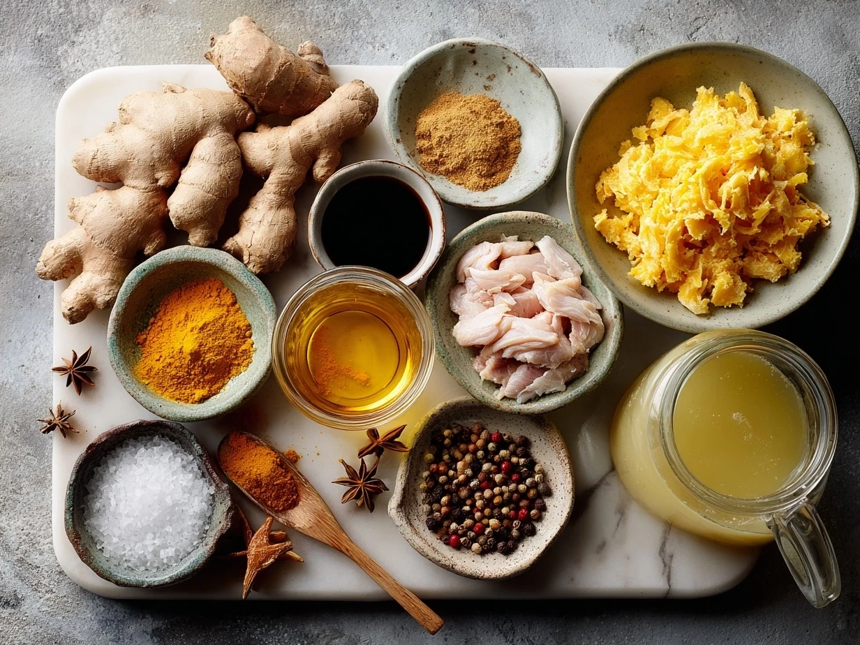 Ingredients for Turmeric Ginger Chicken Noodle Soup laid out including olive oil, onions, garlic, ginger, turmeric, chicken broth, chicken, carrots, celery, egg noodles, salt, pepper, and parsley