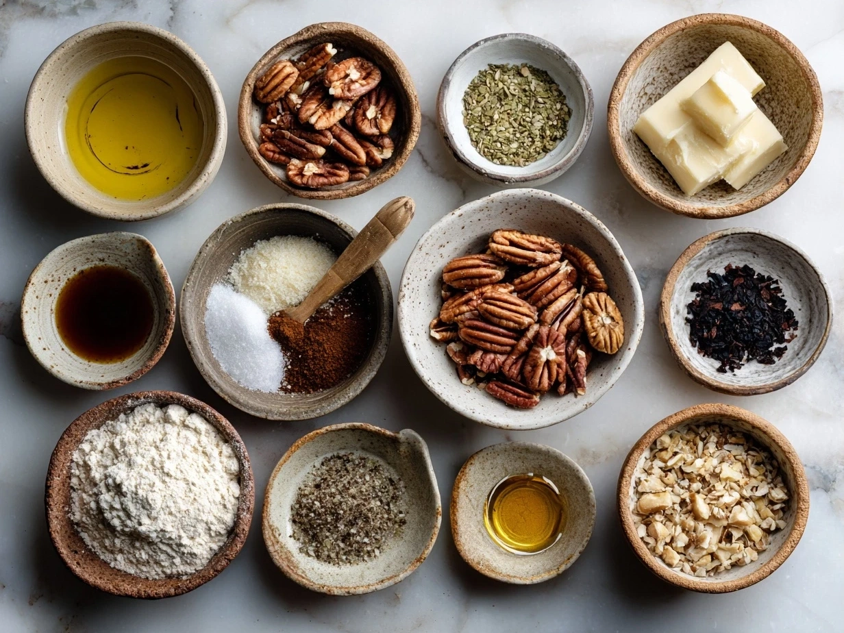 Ingredients for Vanilla Pecan Pralines with sugar, brown sugar, cream, butter, vanilla, pecans, and salt