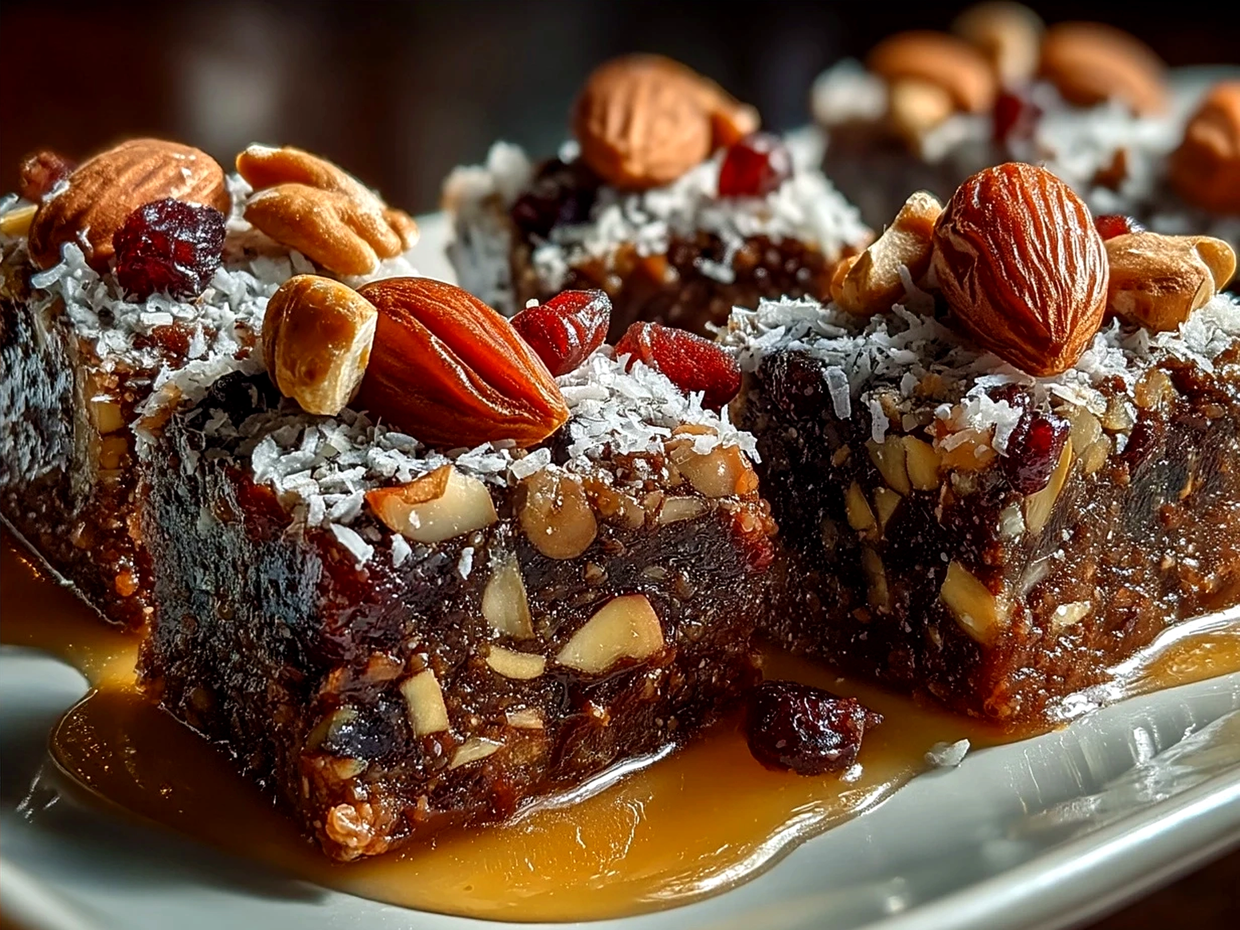 Serving suggestion of Vegan No-Bake Brownies with Dates Nuts cut into bars on a white plate garnished with coconut flakes.