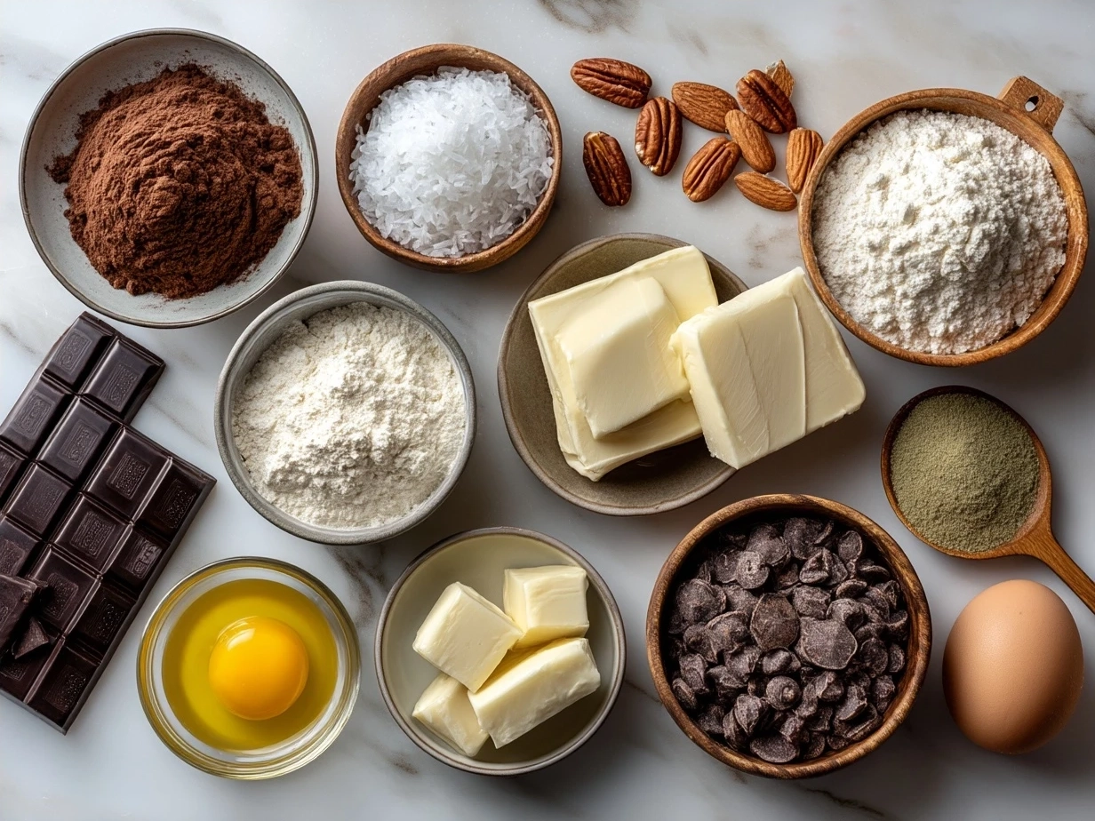 Ingredients for Vegan No-Bake Brownies with Dates Nuts showing Medjool dates, walnuts, almonds, cashews, cocoa powder and vanilla.