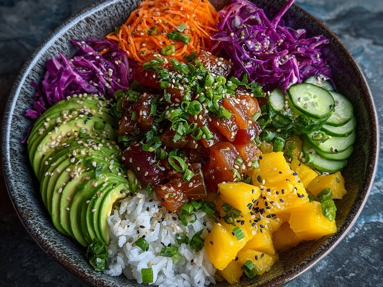 Delicious finished Vegan Poke Bowl with tofu, avocado, and colorful veggies
