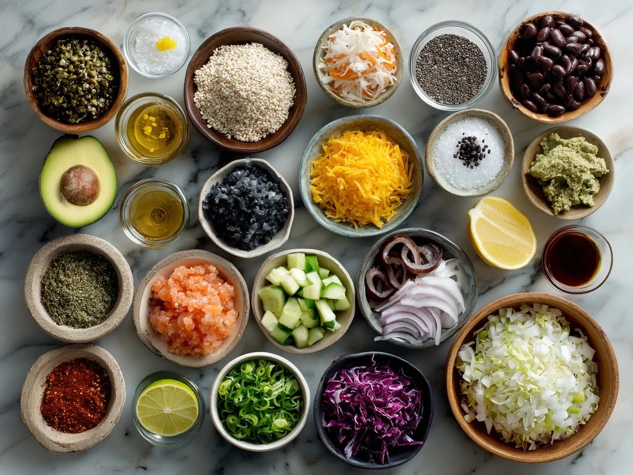 Ingredients for Vegan Poke Bowl including tofu, rice, vegetables, and vegan poke sauce