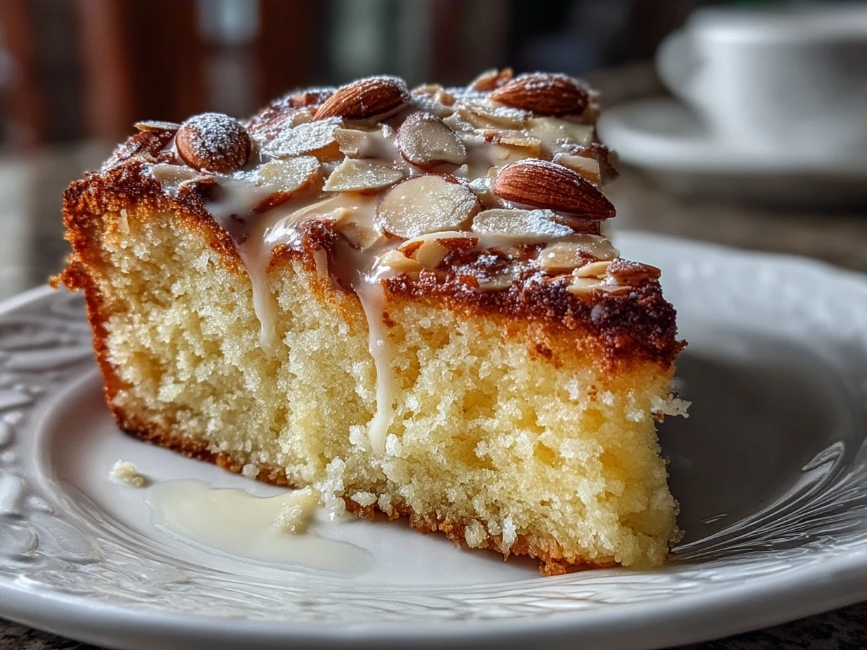 Finished White Almond Cake sliced on a plate, ready to serve