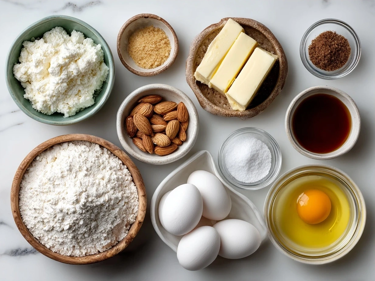 Ingredients for White Almond Cake laid out on a table