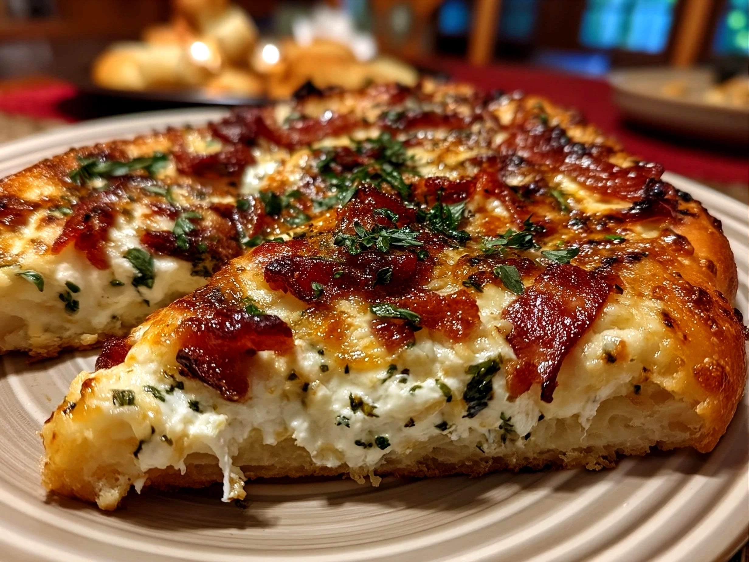 Serving of freshly baked White Pizza topped with cheese, spinach, and garlic