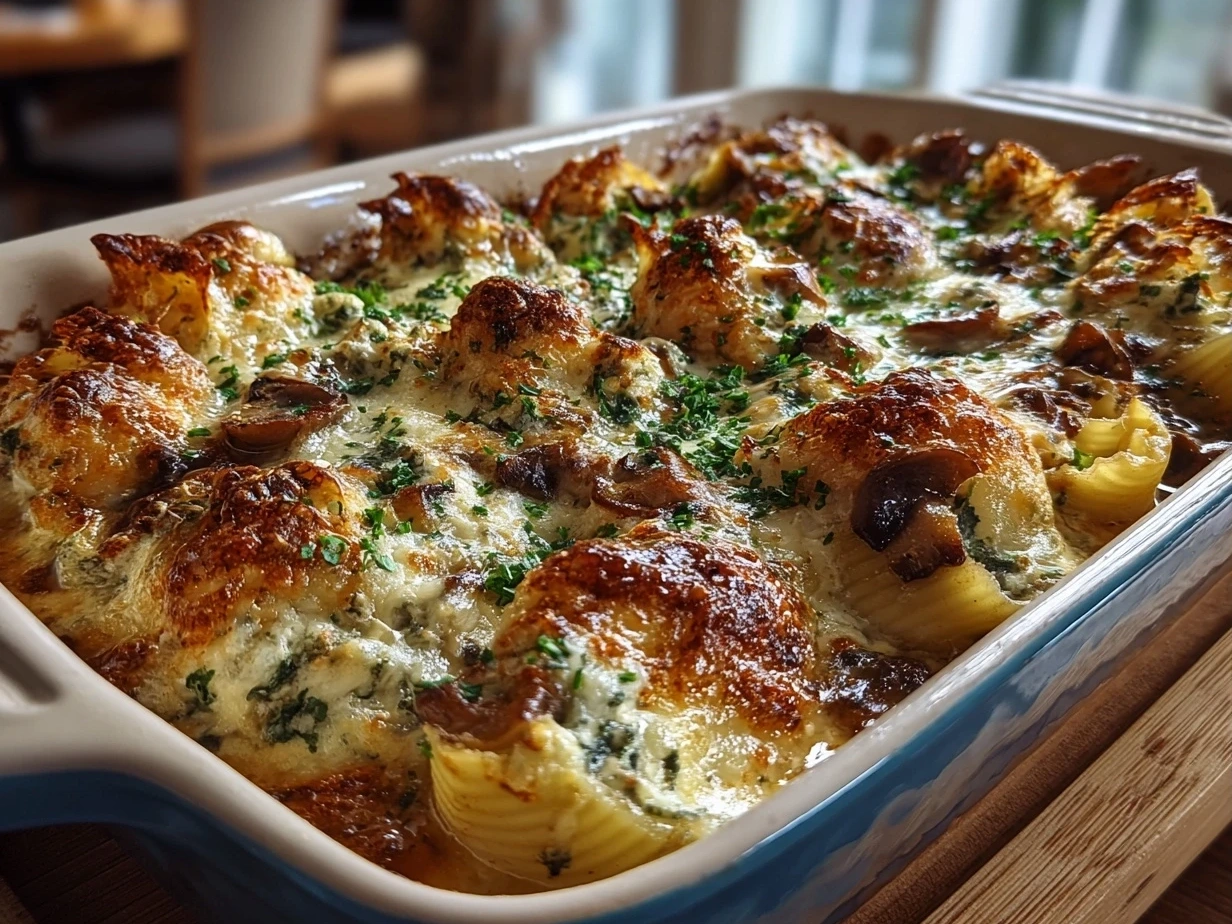 Serving White Wine Mushroom Stuffed Shells with fresh sides