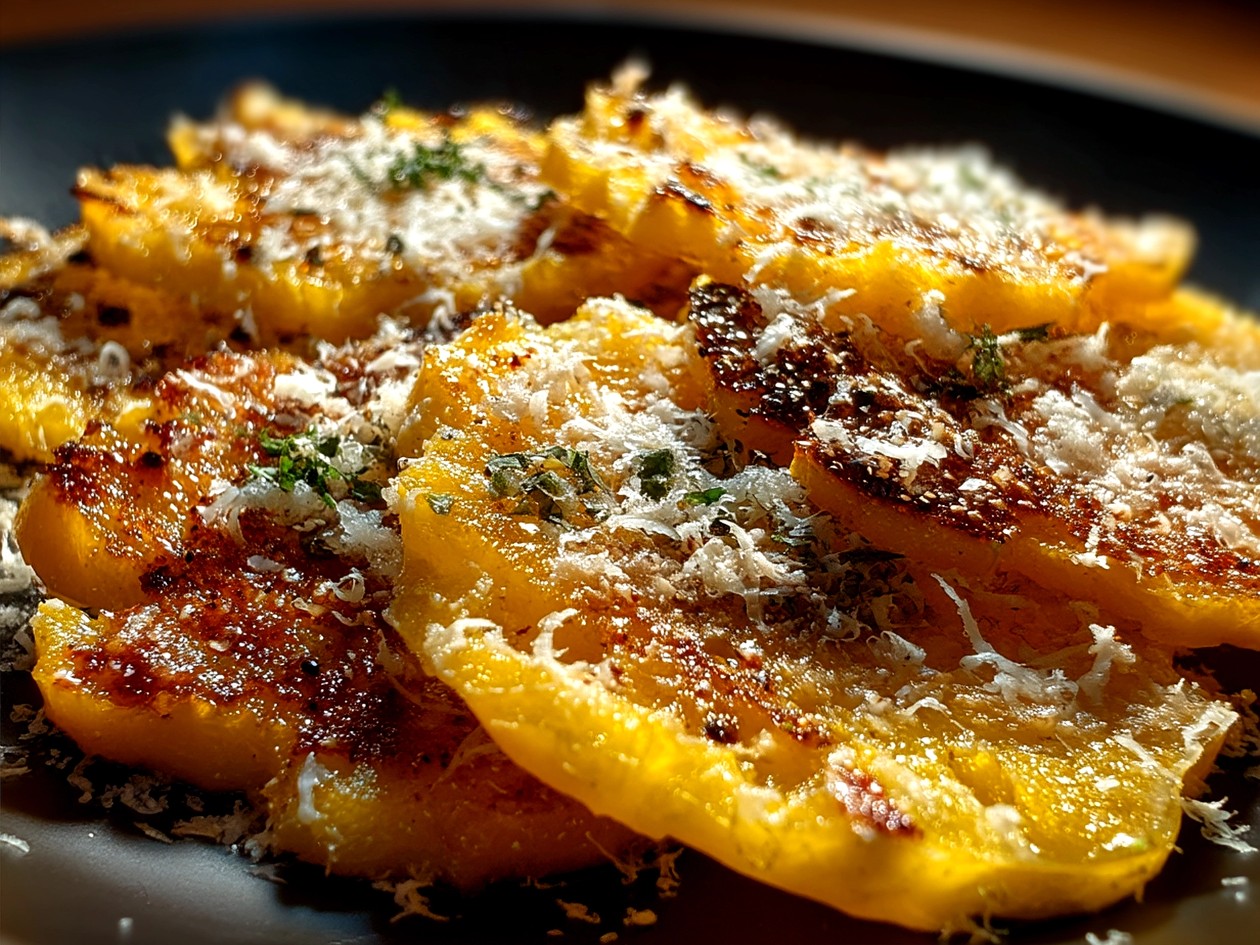 Serving of delicious Yellow Squash Parmesan on a plate, garnished and ready to eat.