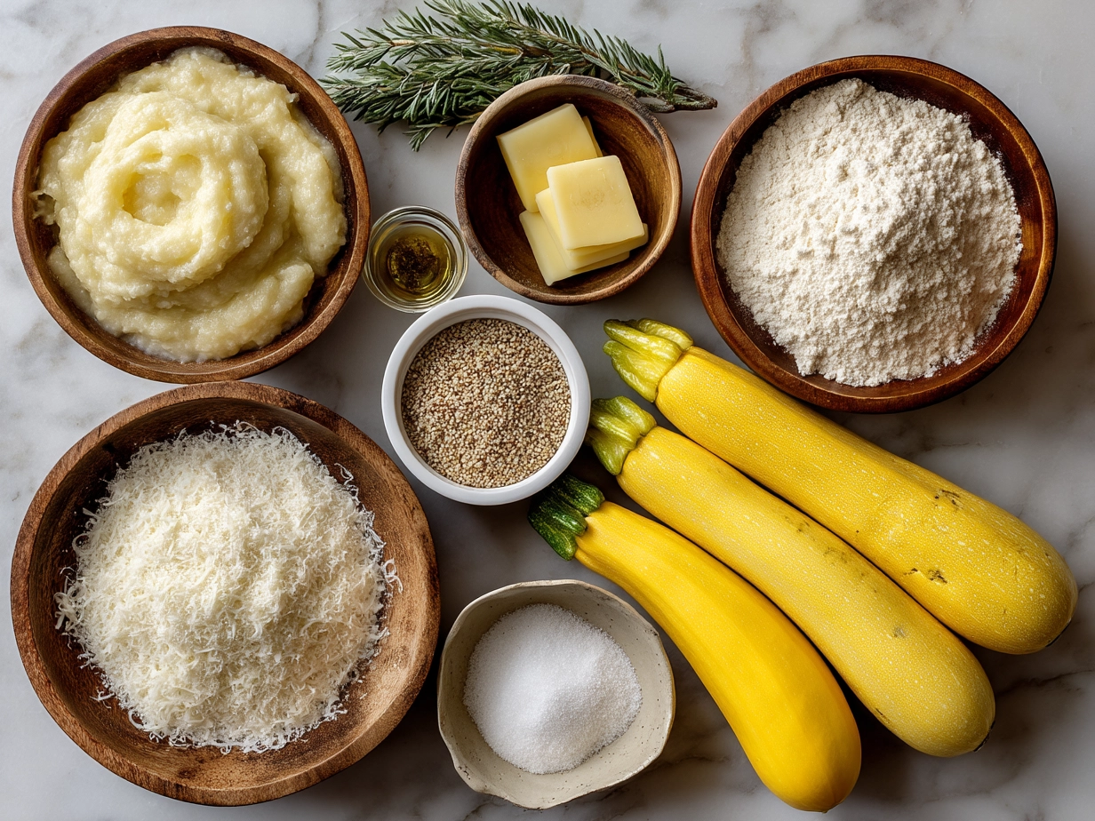Ingredients for Yellow Squash Parmesan including yellow squash, Parmesan cheese, breadcrumbs, garlic powder, Italian herbs, salt, and olive oil.