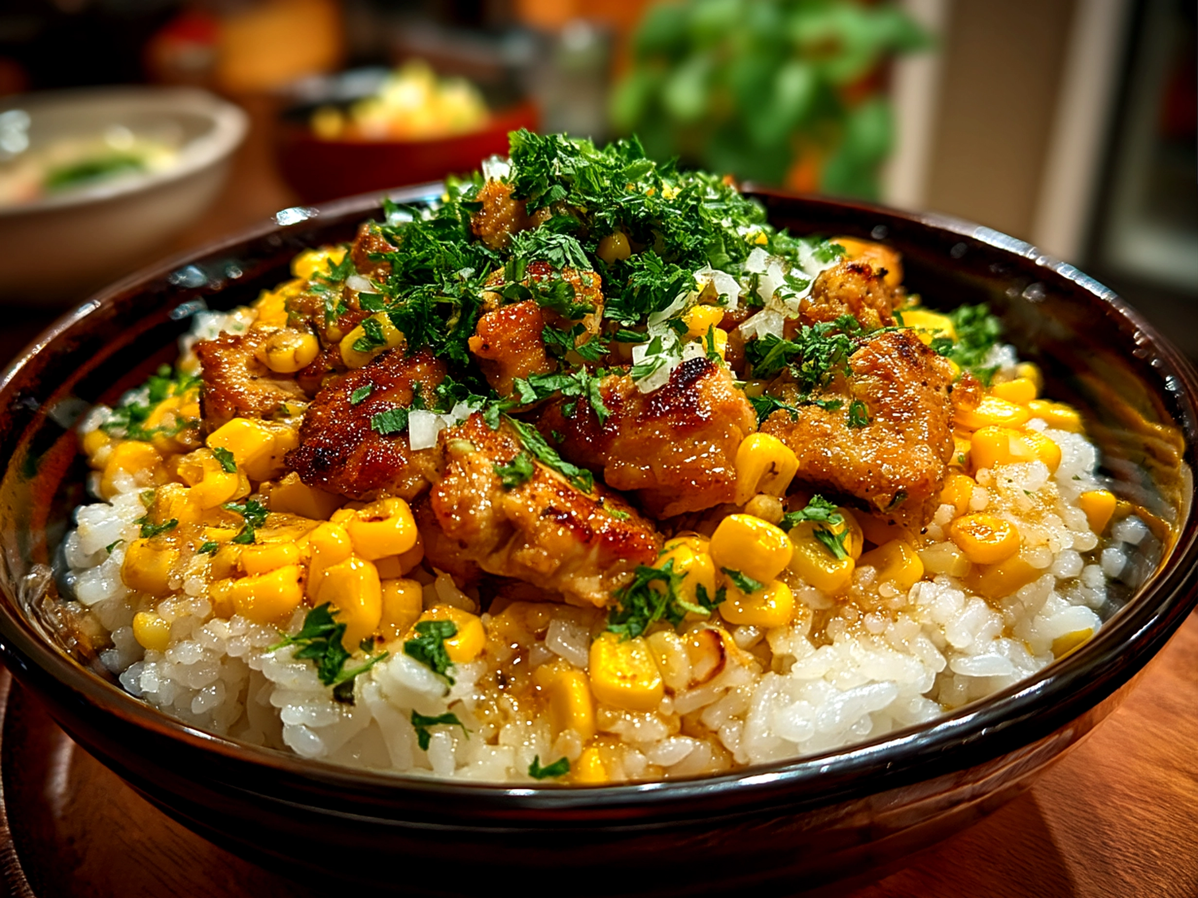 Finished Chicken Rice Bowl with Street Corn in a comforting cozy kitchen setting