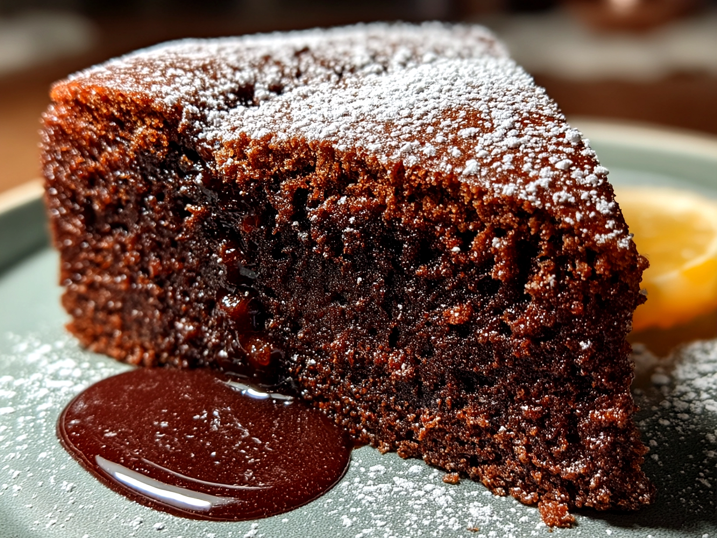 Close up finished comforting chocolate cake, mouthwatering.