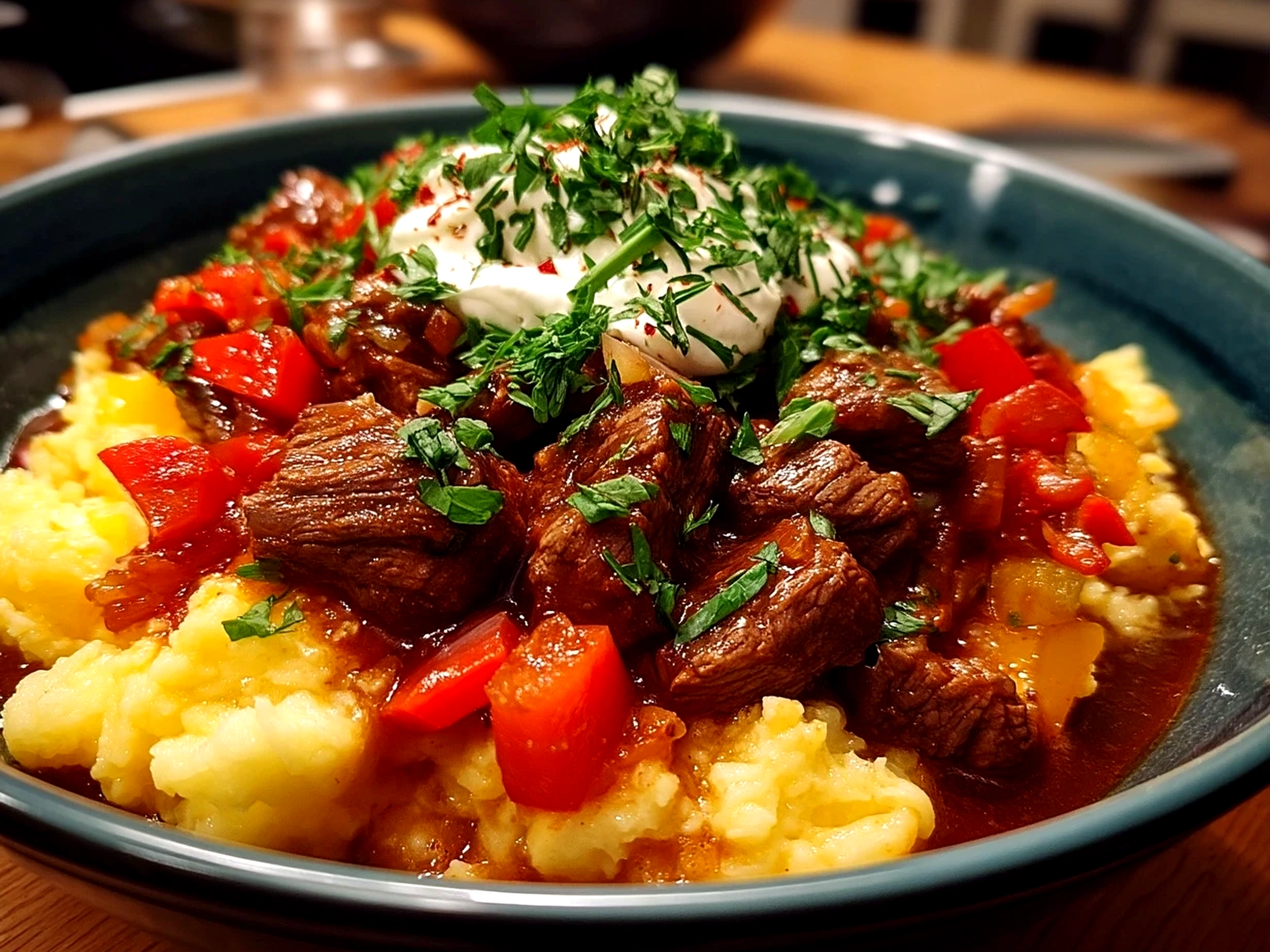 Finished comforting slow cooker goulash in bowl with hearty look