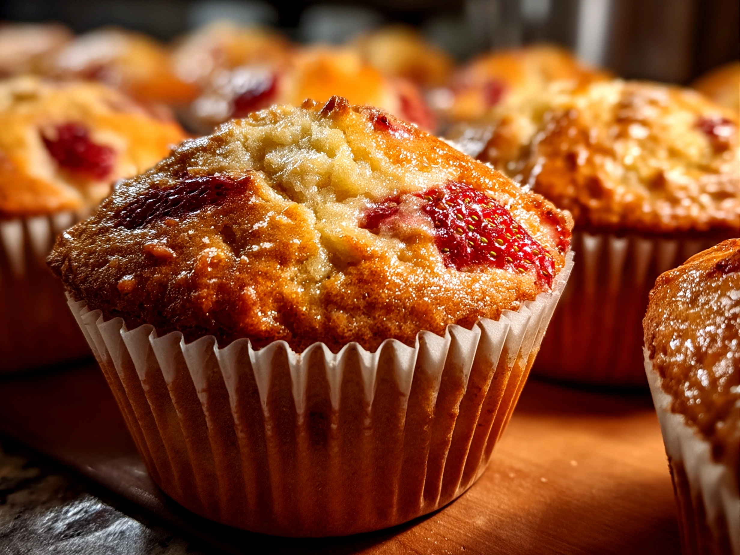 Freshly baked homemade strawberry muffins cooling on a wire rack in a cozy kitchen.