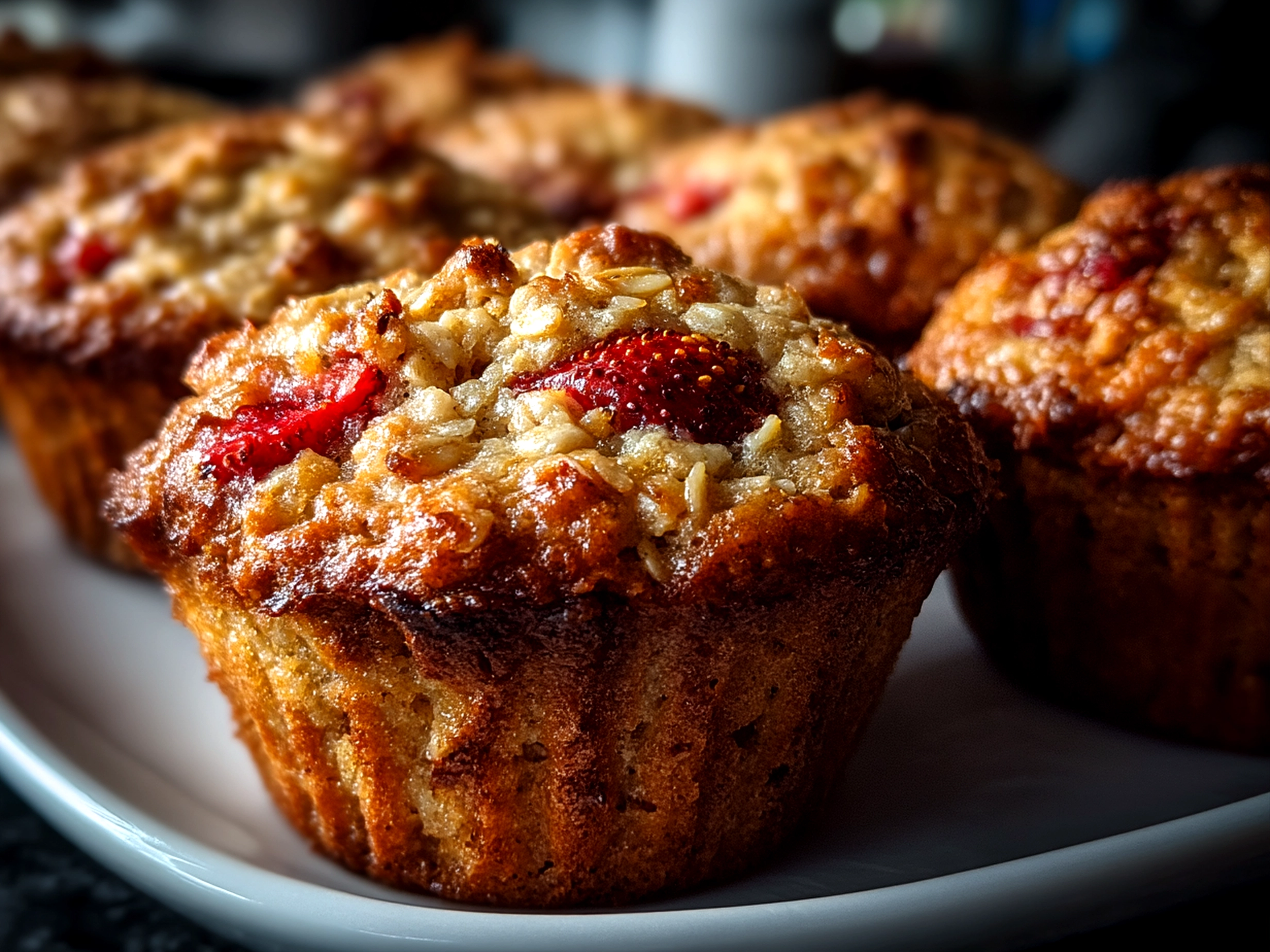 Finished homemade strawberry oatmeal muffins on plate with hearty comforting look