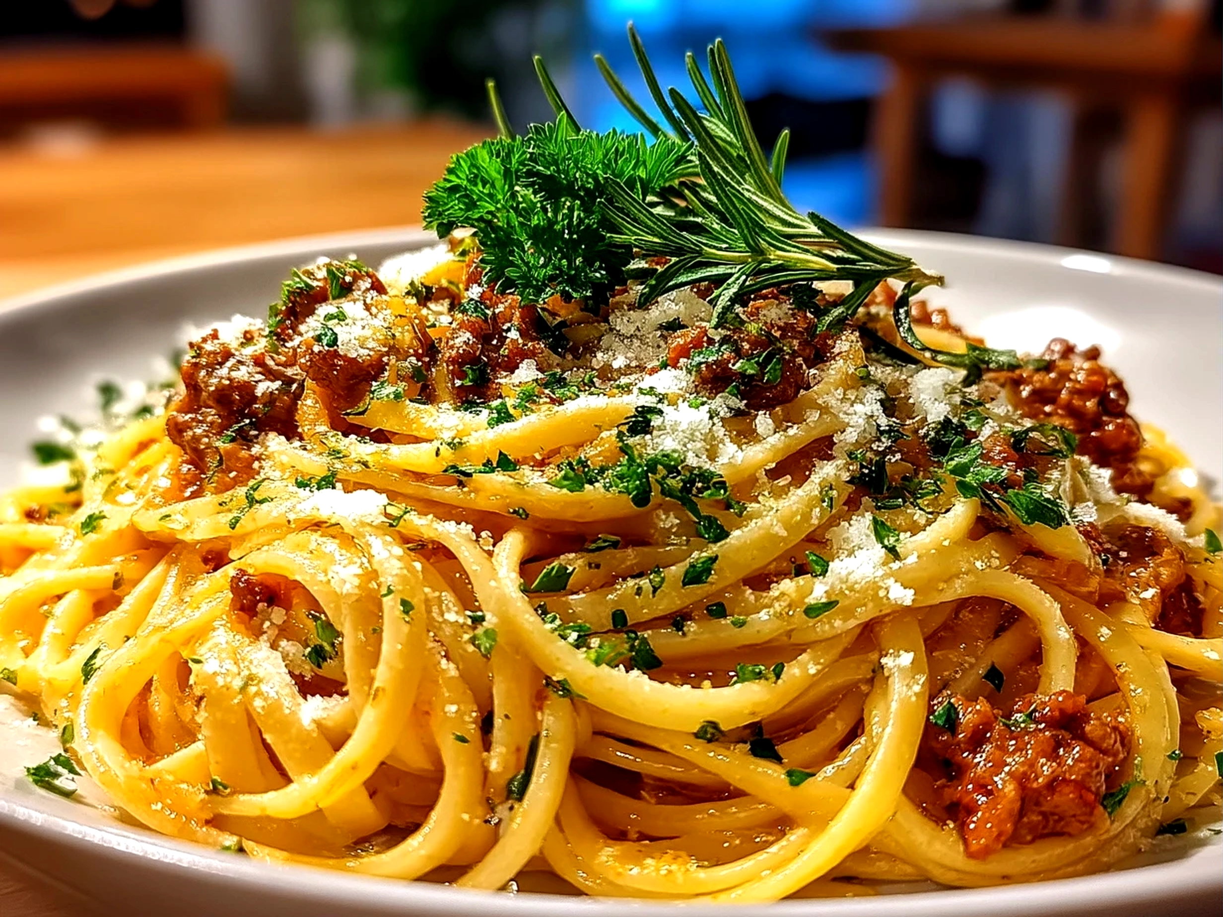 Close-up of finished delicious White Bolognese Sauce served in a bowl, fresh and vibrant with herbs on top