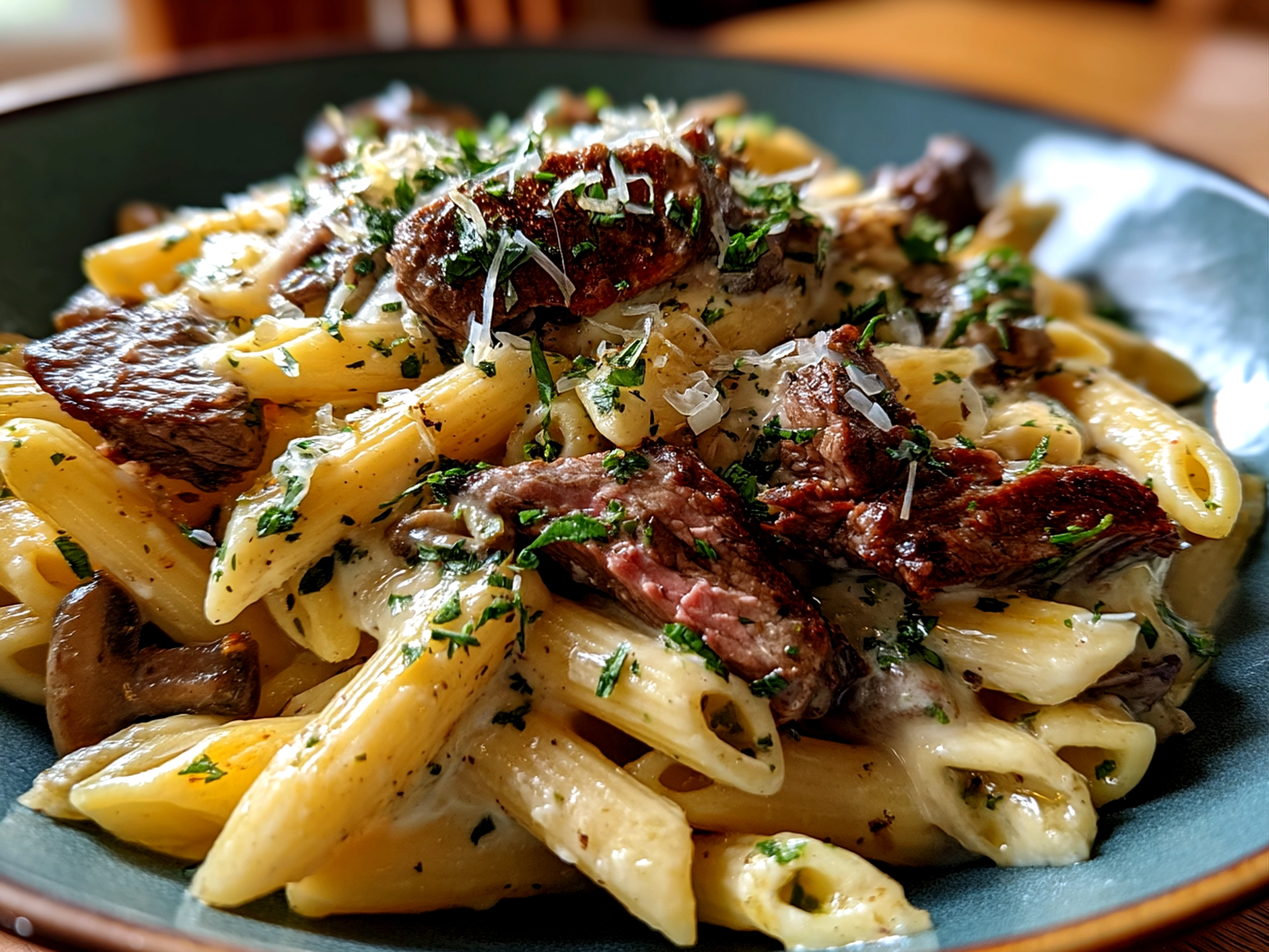 Close up of finished creamy beef pasta in home kitchen setting